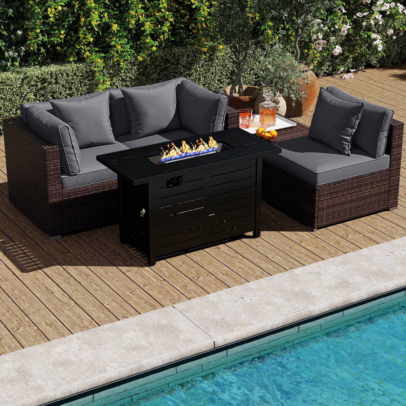 Alt View 4. Costway - Costway 5 PCS Patio Furniture Set Heavy-duty Frame Rattan Sofa Set with 60,000 BTU Firepit Table - Gray.