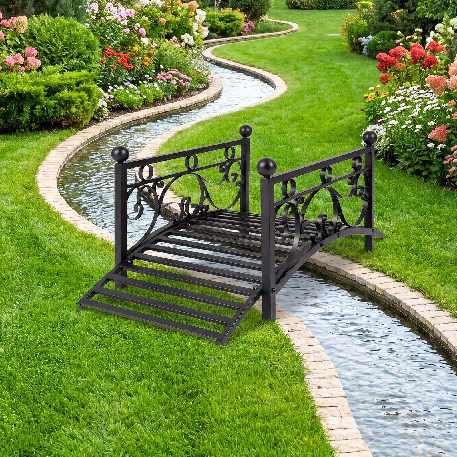 Gymax 3.3 ft Garden Metal Bridge Outdoor Arched Bridge w/Dual Patterned ...
