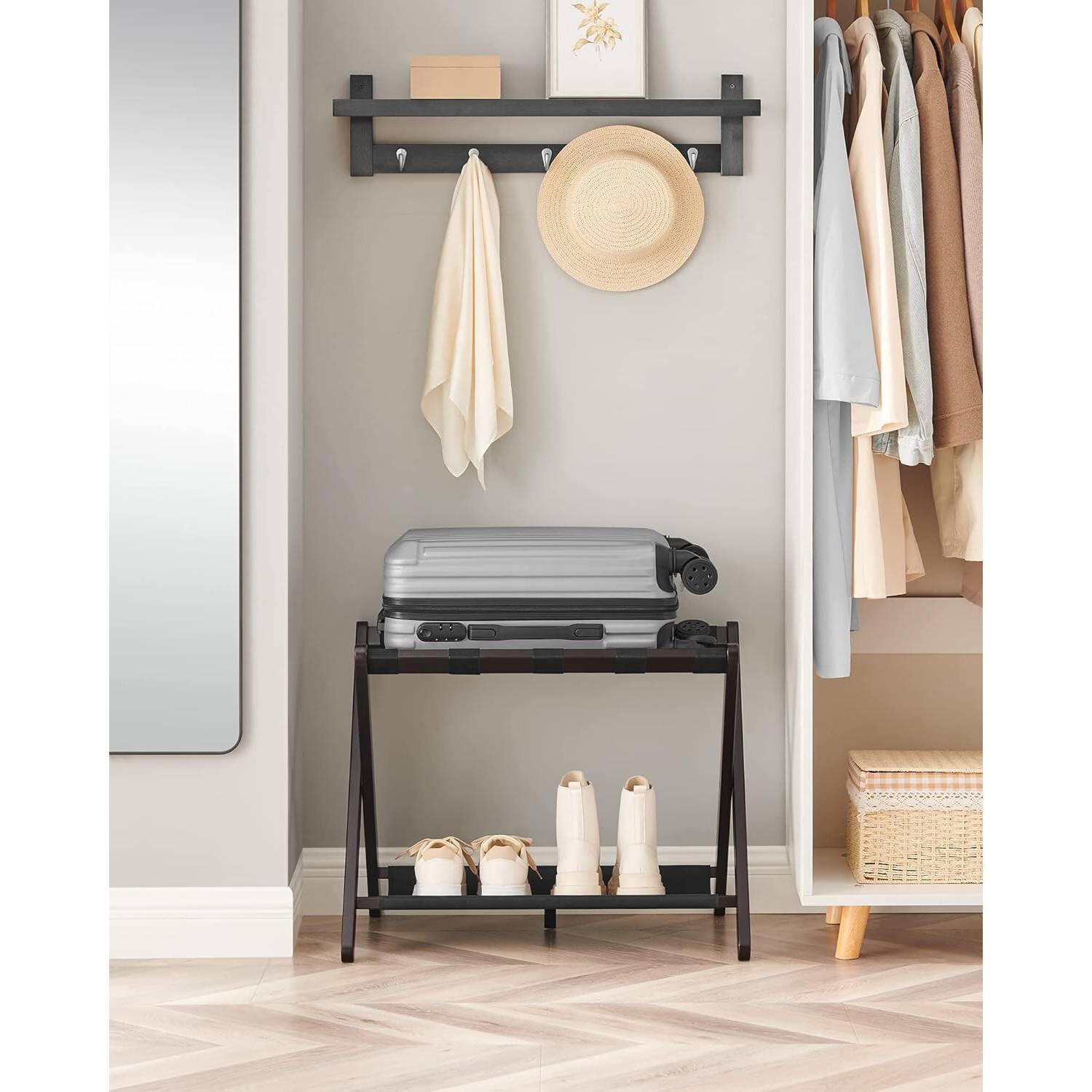 Back. Hivvago - Sturdy Bamboo Luggage Rack in Chestnut Brown Wood Finish with Lower Shelf - Chestnut Brown.