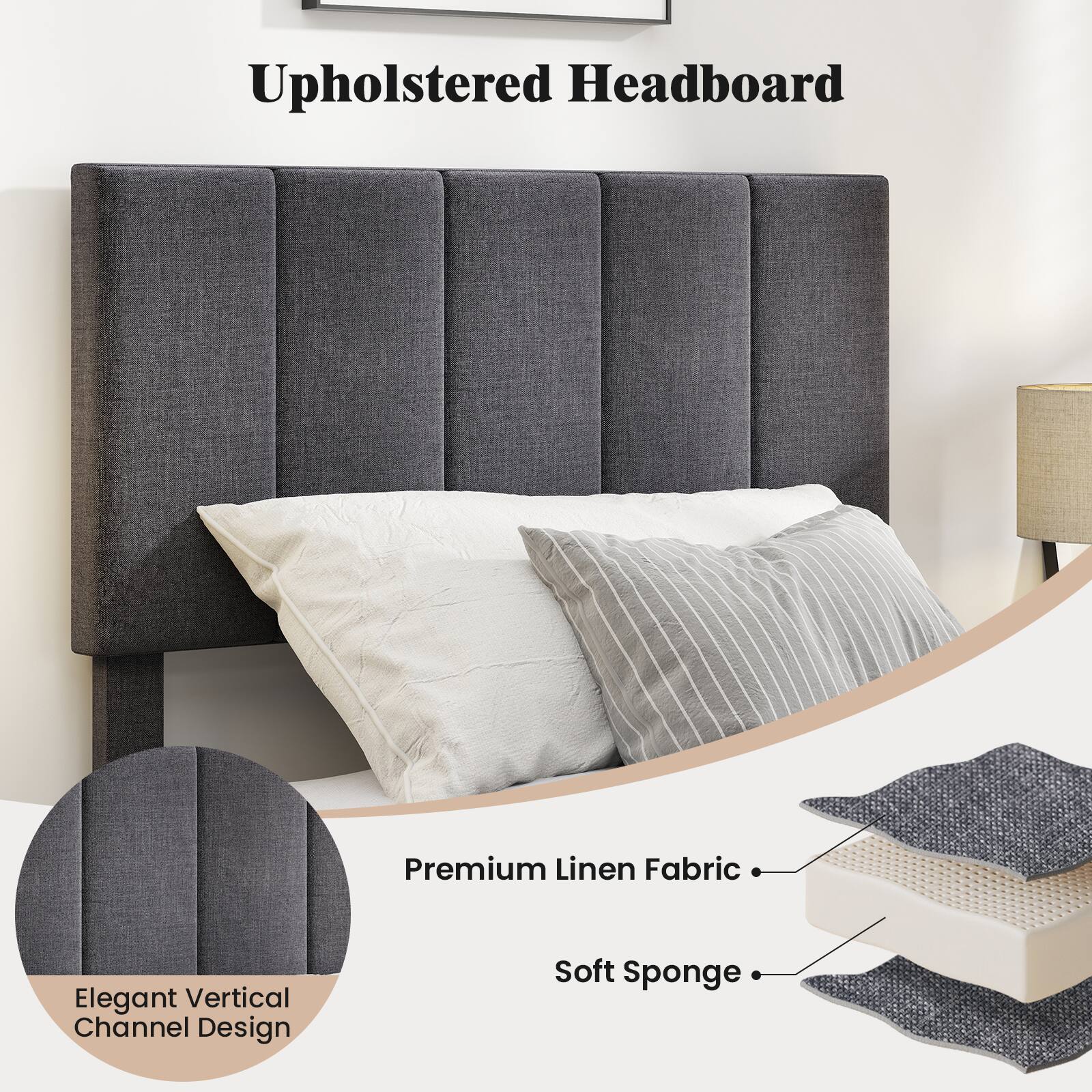 Upholstered Headboard

Premium Linen Fabric

Elegant Vertical Channel Design

Soft Sponge