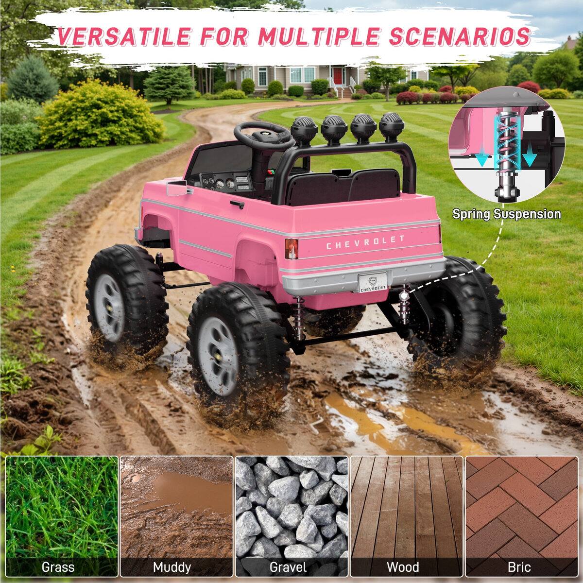 VERSATILE FOR MULTIPLE SCENARIOS

CHEVROLET

Spring Suspension

Grass
Muddy
Gravel
Wood
Brick