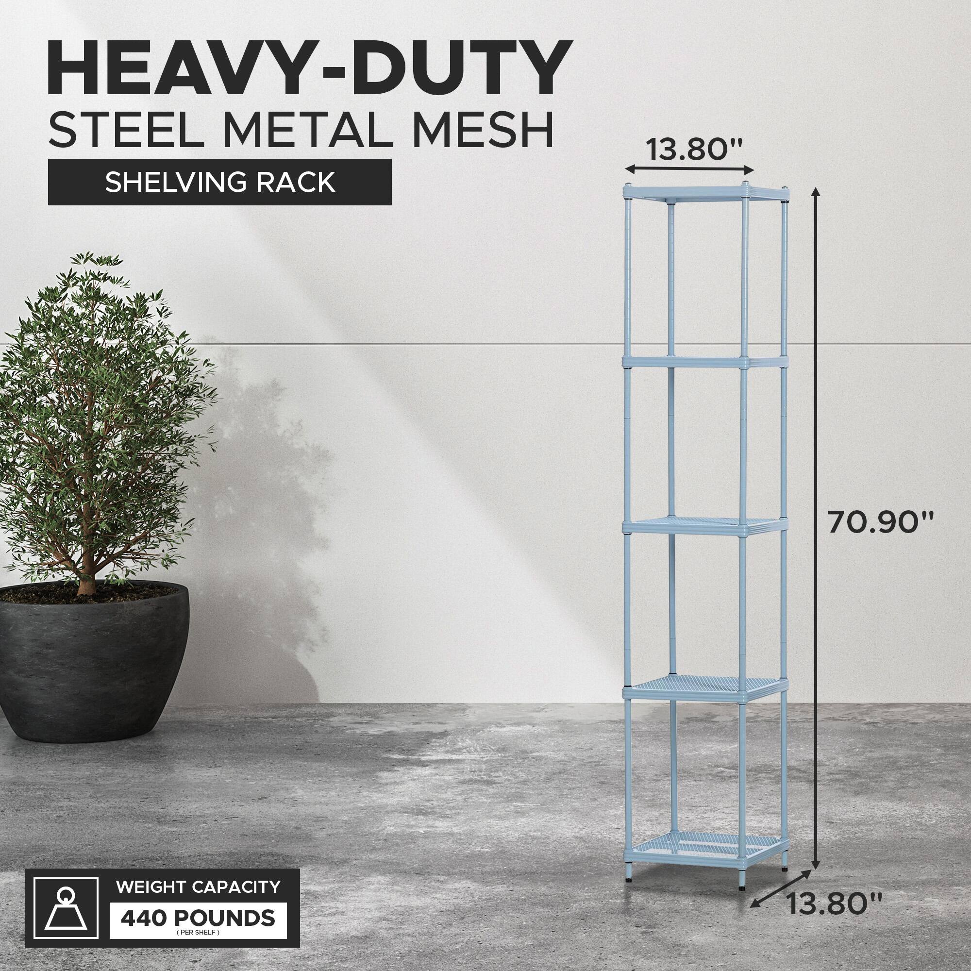 HEAVY-DUTY STEEL METAL MESH SHELVING RACK

13.80" (width)
70.90" (height)
13.80" (depth)

WEIGHT CAPACITY: 440 POUNDS (PER SHELF)