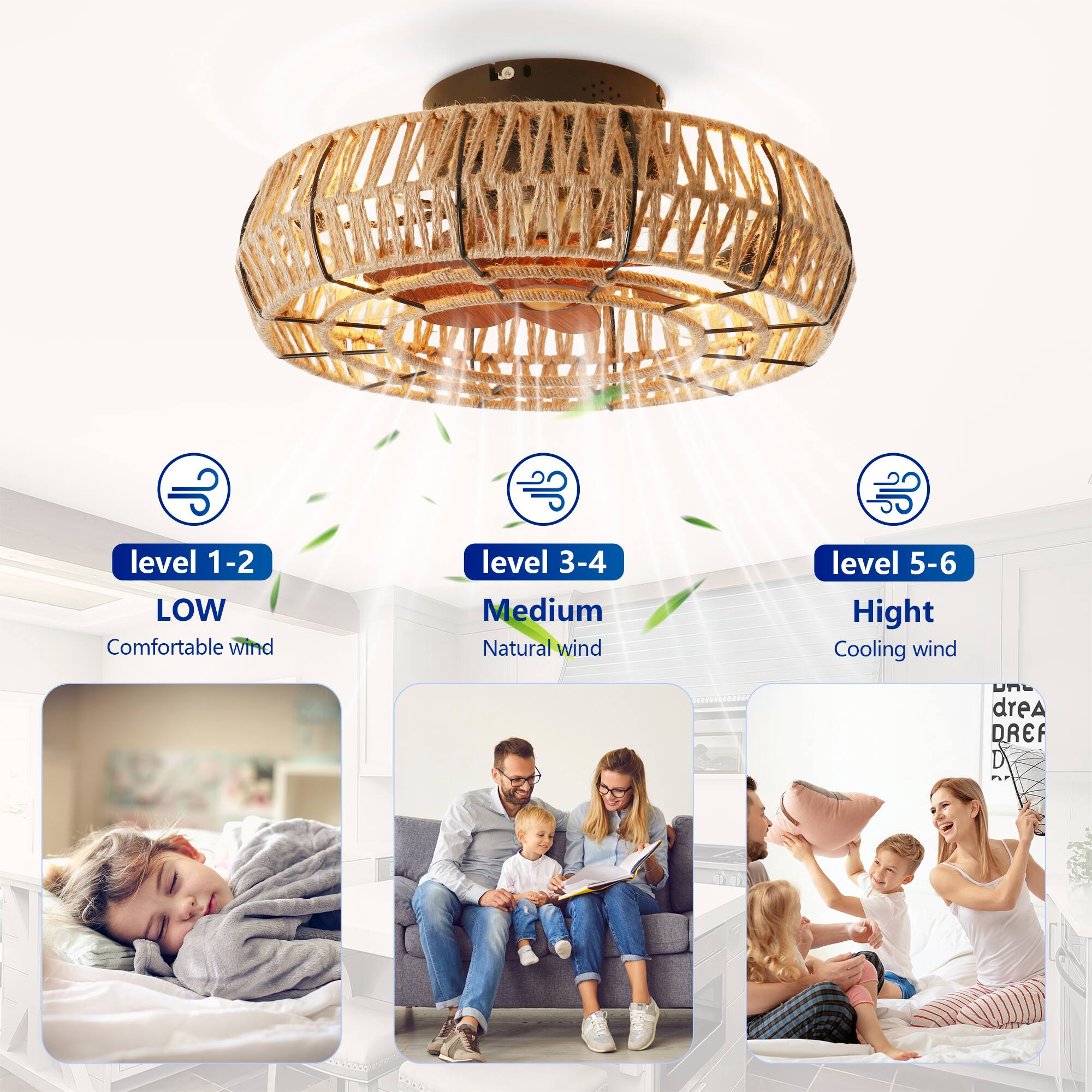 level 1-2 LOW Comfortable wind  
level 3-4 Medium Natural wind  
level 5-6 High Cooling wind