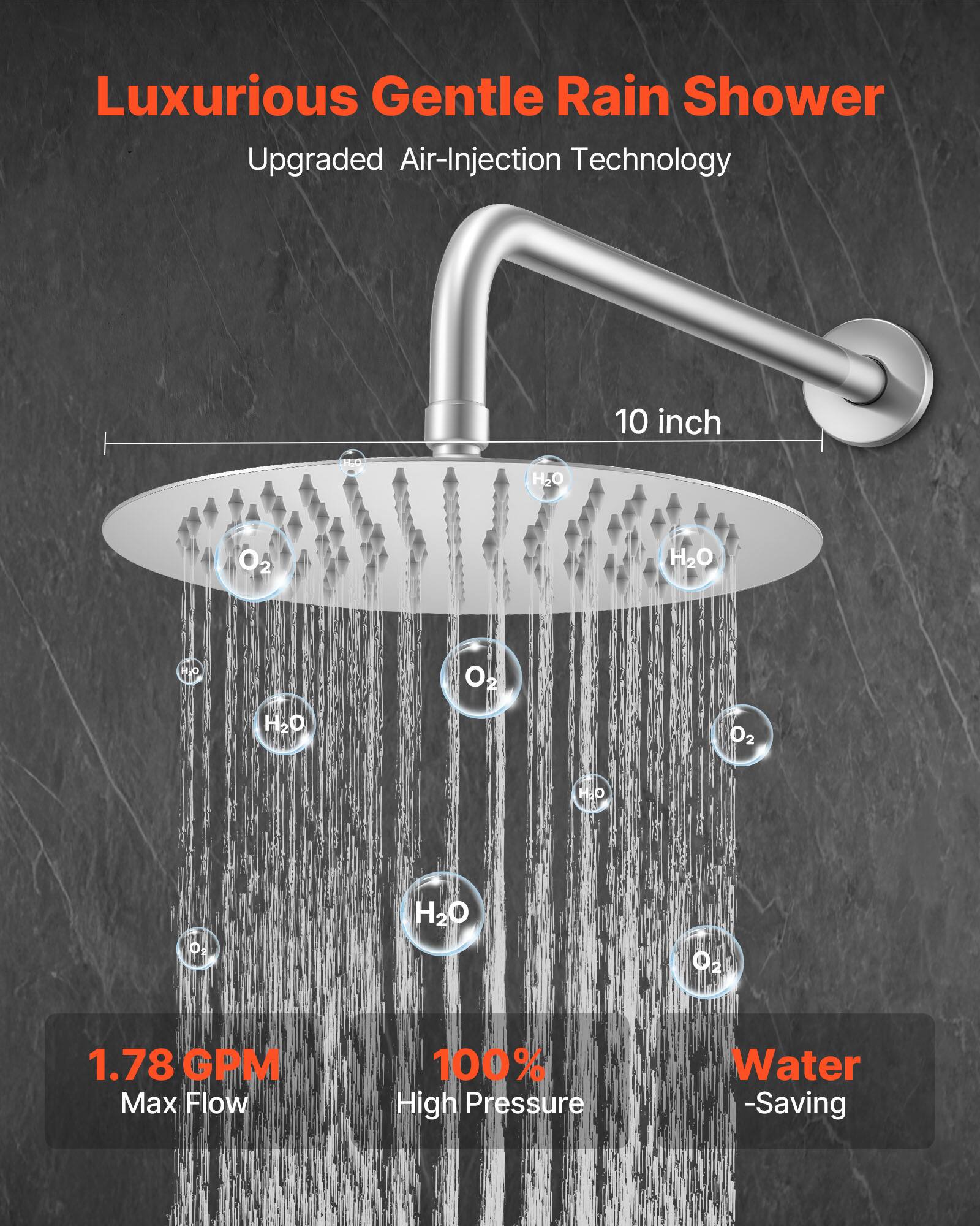 Luxurious Gentle Rain Shower  
Upgraded Air-Injection Technology  

10 inch  

1.78 GPM Max Flow  
100% High Pressure  
Water-Saving