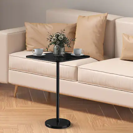 Front. Oumilen - Black Wood-Top Side Table with Black Marble Base - Black.