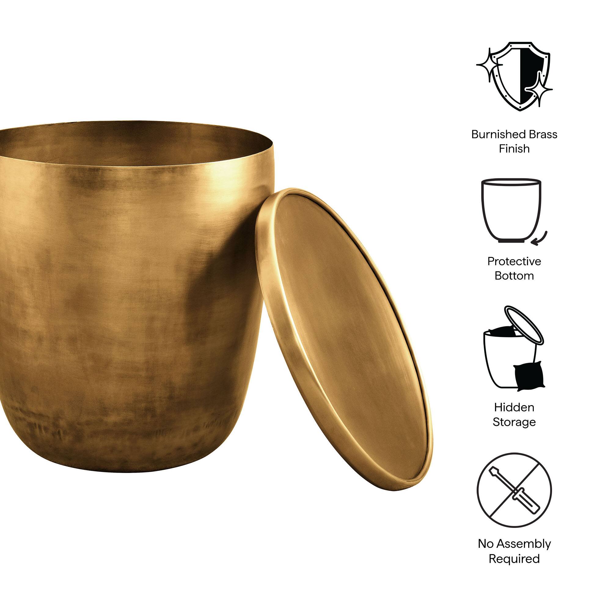 - Burnished Brass Finish
- Protective Bottom
- Hidden Storage
- No Assembly Required