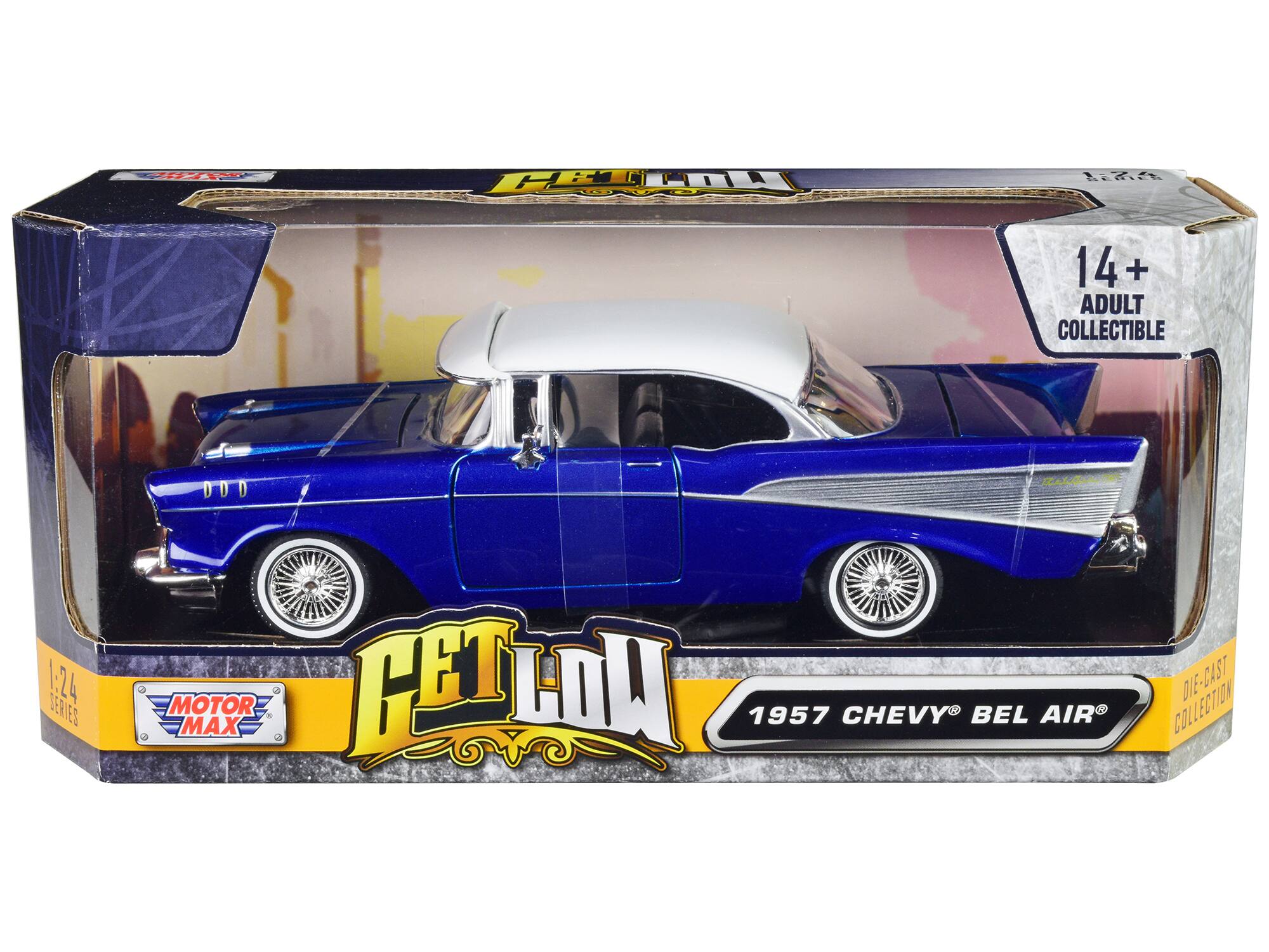 "1957 Chevrolet Bel Air Lowrider Candy Blue with White Top ""Get Low"" Series 1/24 Diecast Model Car by Motormax" price history on PriceWatchPro
