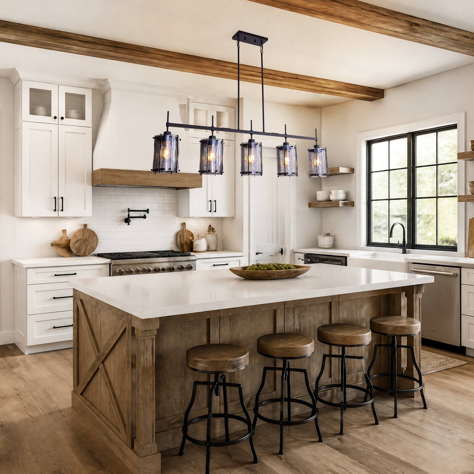 Back. Siljoy - 52 In Modern Black 5 Light Smoke Glass Linear Pendant Light Adjustable Rod for Dining Room Kitchen Island Foyer - Black.