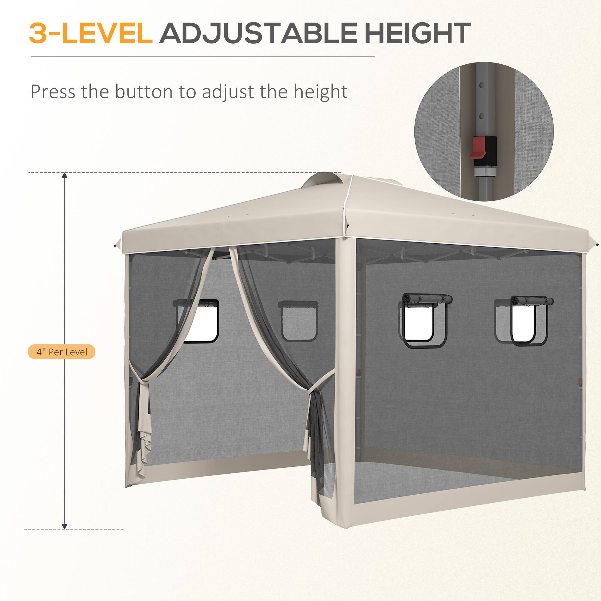 3-LEVEL ADJUSTABLE HEIGHT
Press the button to adjust the height
4" Per Level