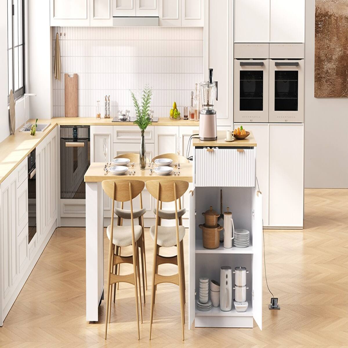 Left. Loheer - White Fluted Kitchen Island with Extendable Dining Table, 82.6-Inch Rectangular Island with Power Outlet - White.