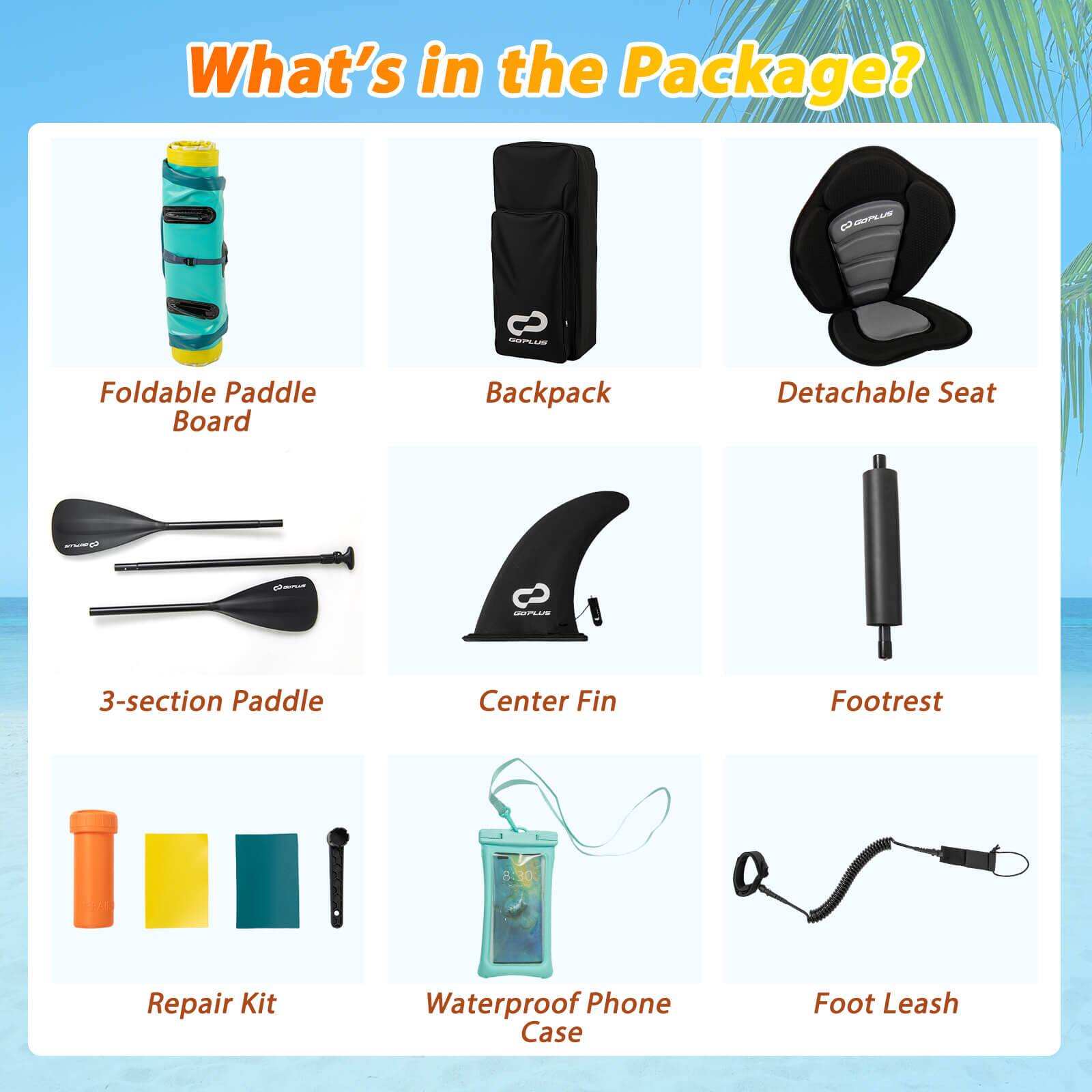 What's in the Package? Foldable Paddle Board Backpack Detachable Seat TAM 3-section Paddle Center Fin Footrest Repair Kit Waterproof Phone Case Foot Leash