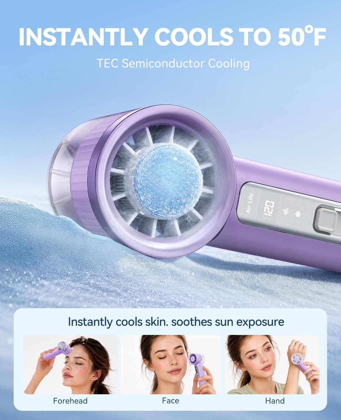 INSTANTLY COOLS TO 50°F  
TEC Semiconductor Cooling  

Instantly cools skin. soothes sun exposure  
Forehead  
Face  
Hand