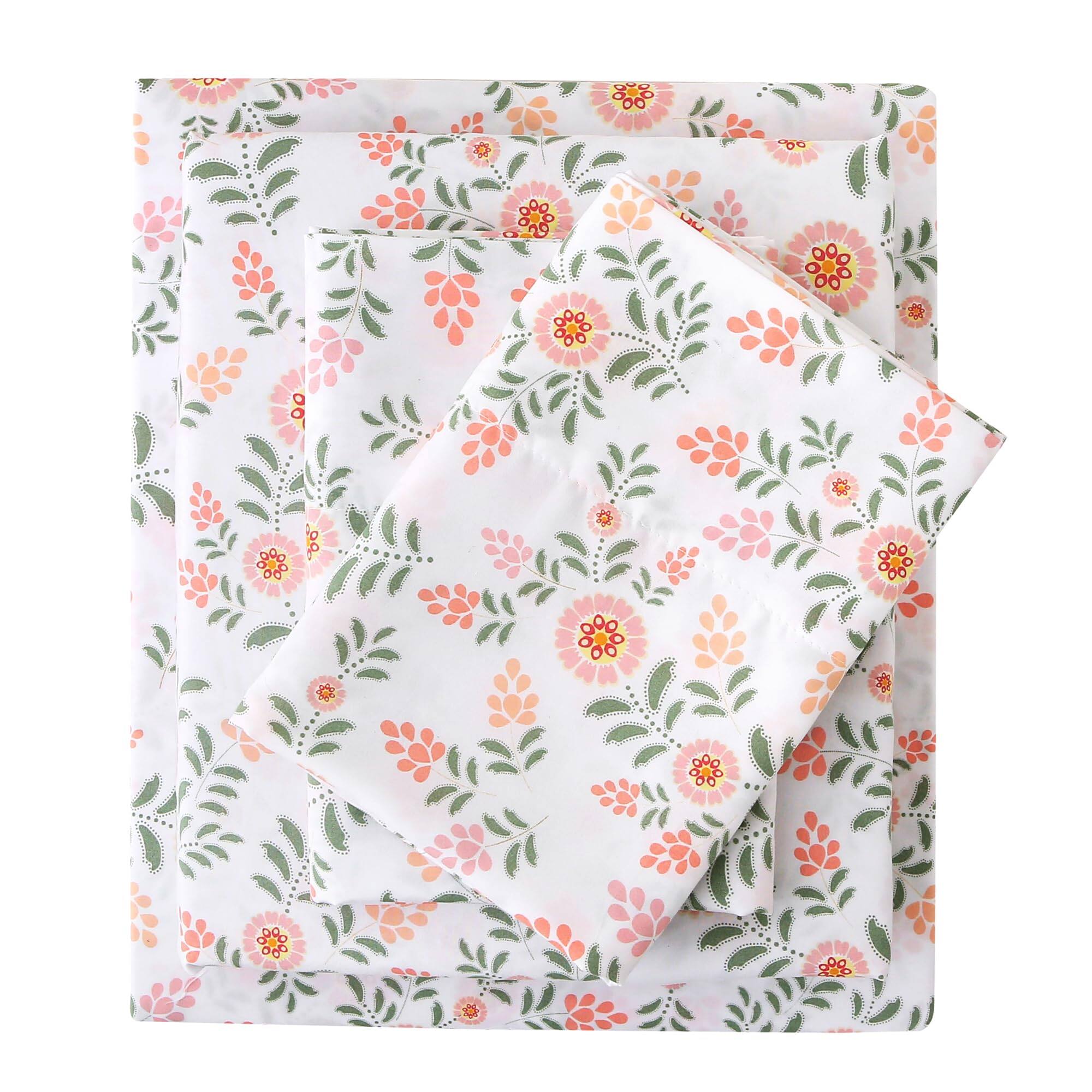 Skar Audio - Floral Queen Sheets Soft Breathable Microfiber Vintage Printed Bed Sheet Set Deep Pocket Non-slip Fitted In - Pink Round Flowers Green Leaves Twin