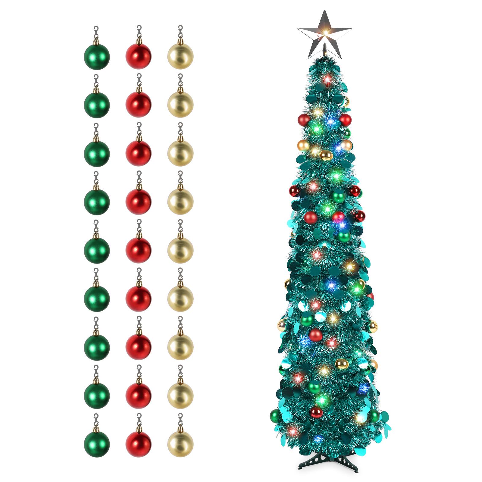 Back. Oumilen - 5FT Pop‑Up Tinsel Christmas Tree – Pre‑Lit 4‑Color LED Pencil Tree with Star Topper & Ornament Balls - Green.
