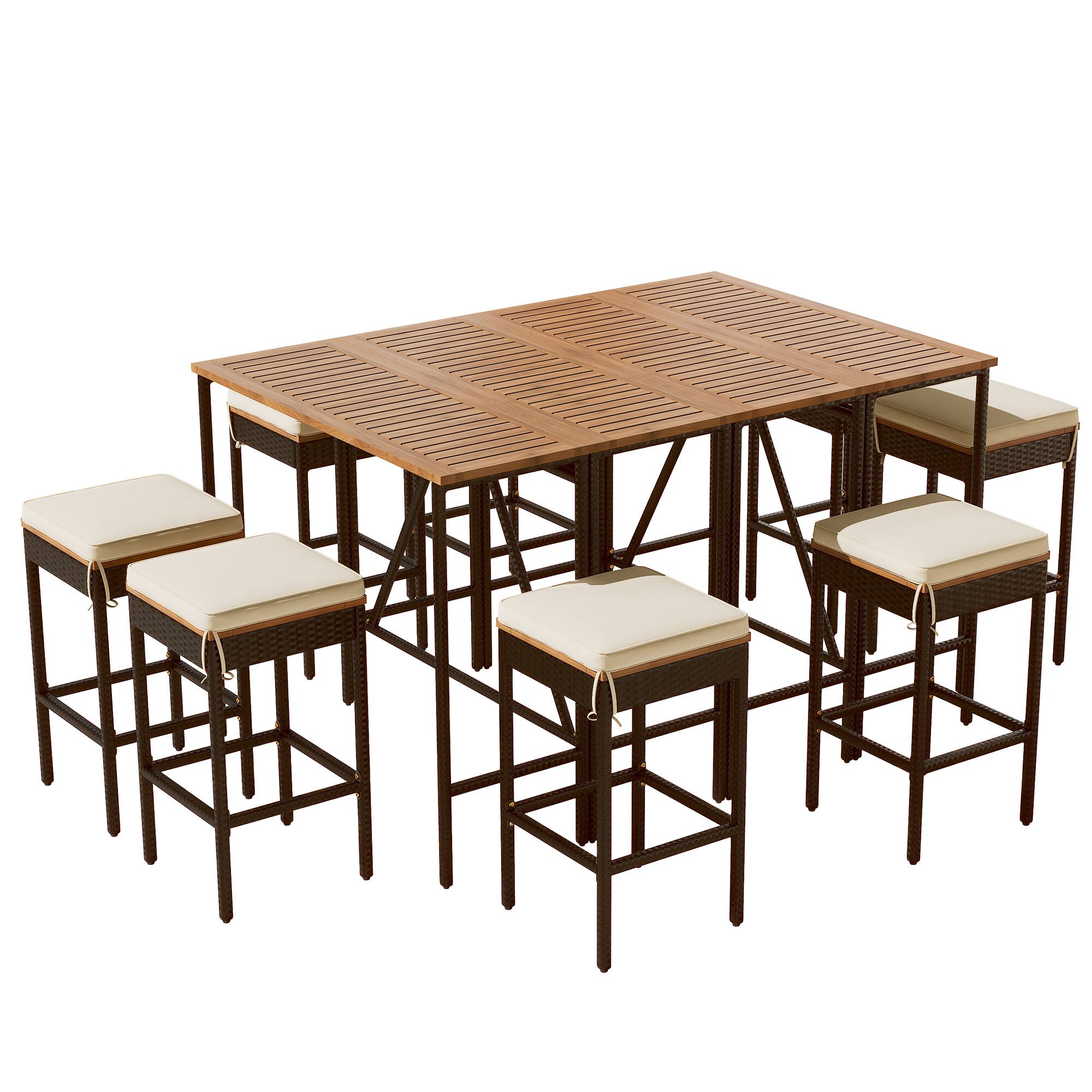 Back. Mondawe - 10-Piece Outdoor Acacia Wood PE Rattan Wicker Bar Height Table And Eight Stools With Cushions - Brown.