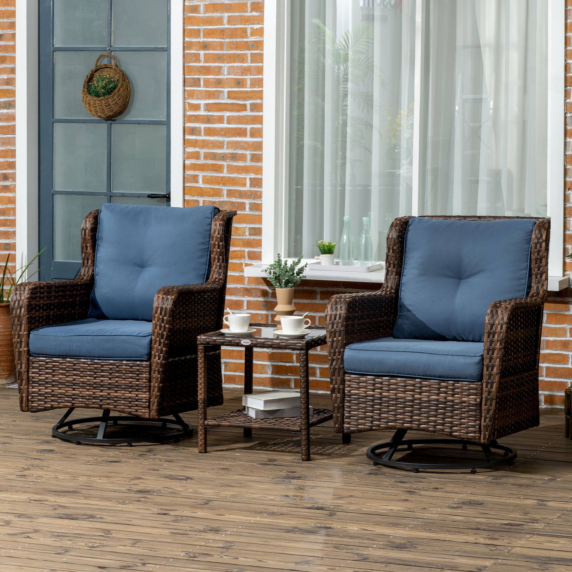 Alt View 1. Outsunny - Bistro Set, Porch Furniture with 360° Rotation & Rocking Function, 28.25"x30.75"x36.25" - Blue.