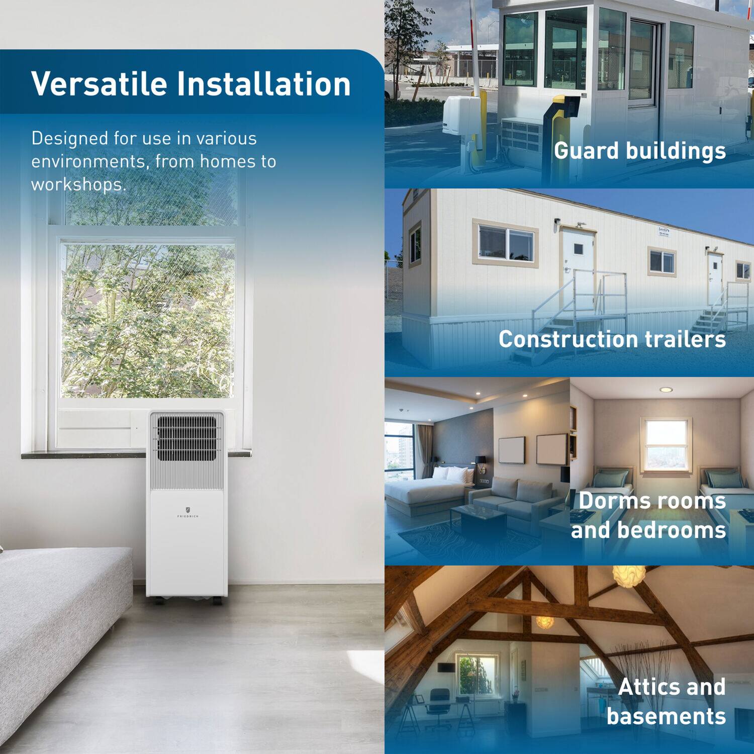Versatile Installation

Designed for use in various environments, from homes to workshops.

- Guard buildings
- Construction trailers
- Dorms rooms and bedrooms
- Attics and basements