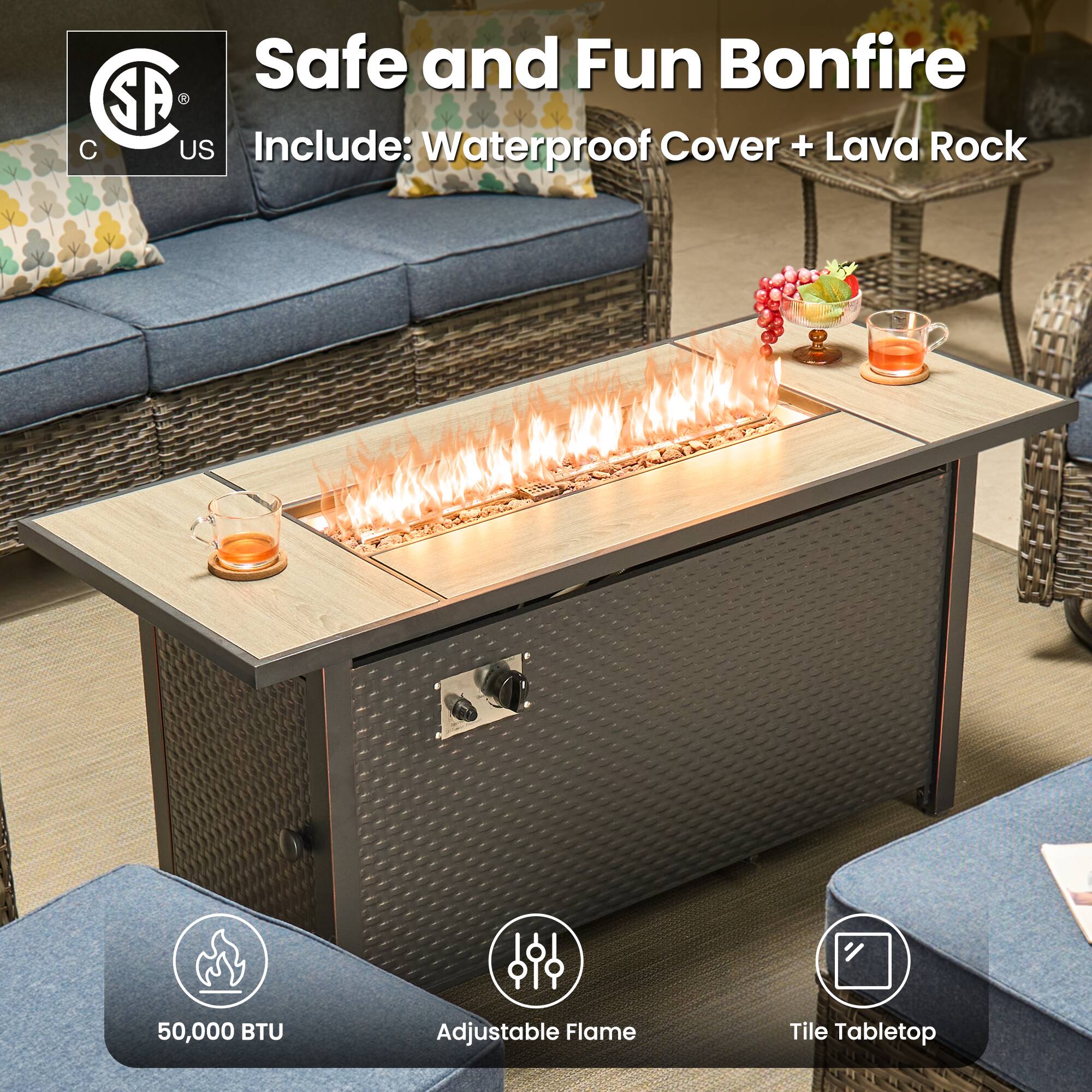 Safe and Fun Bonfire  
Include: Waterproof Cover + Lava Rock  

50,000 BTU  
Adjustable Flame  
Tile Tabletop