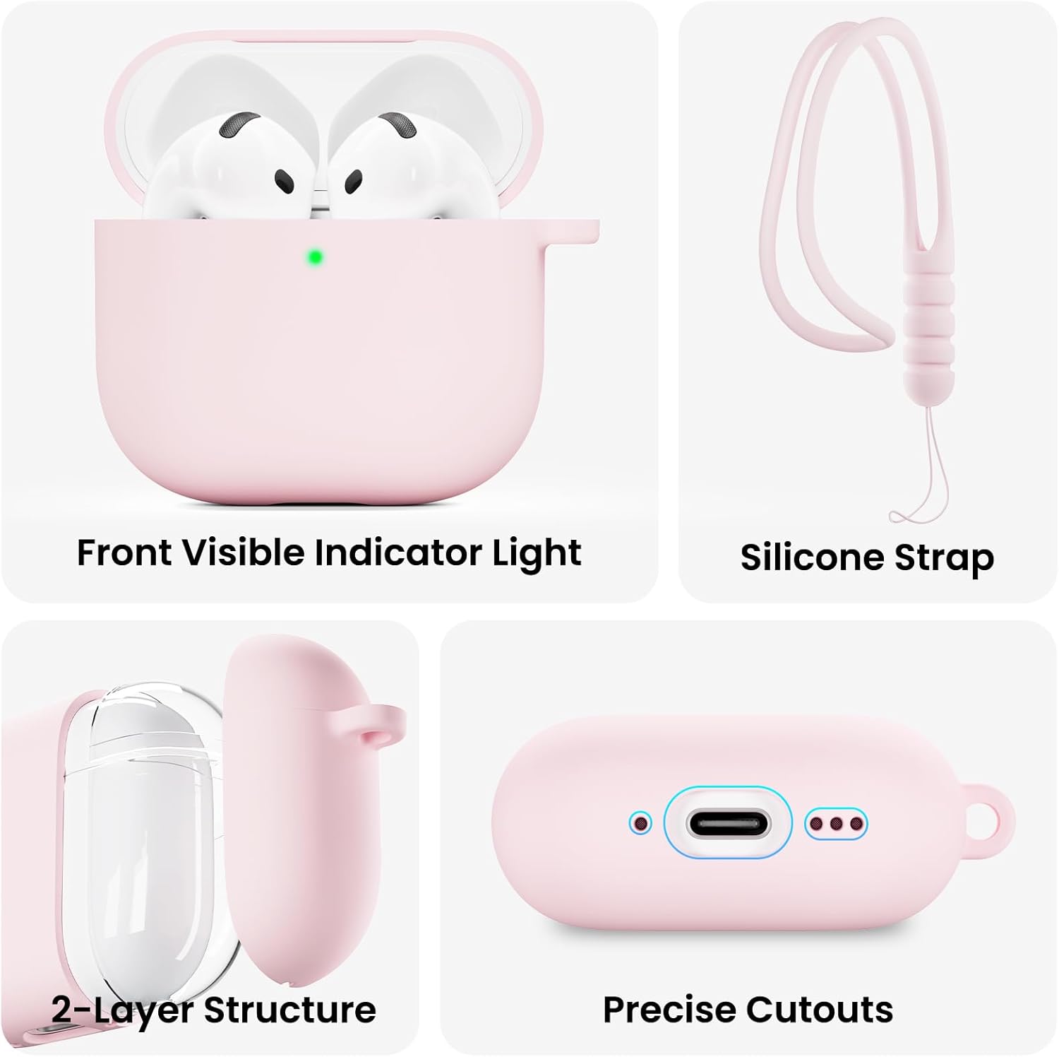 The image shows a collection of pink electronic devices, including a pair of earbuds, a speaker, and a charger. The earbuds have a visible indicator light, and the speaker is designed with a silicone strap. The charger has a 2-layer structure and precise cutouts.
