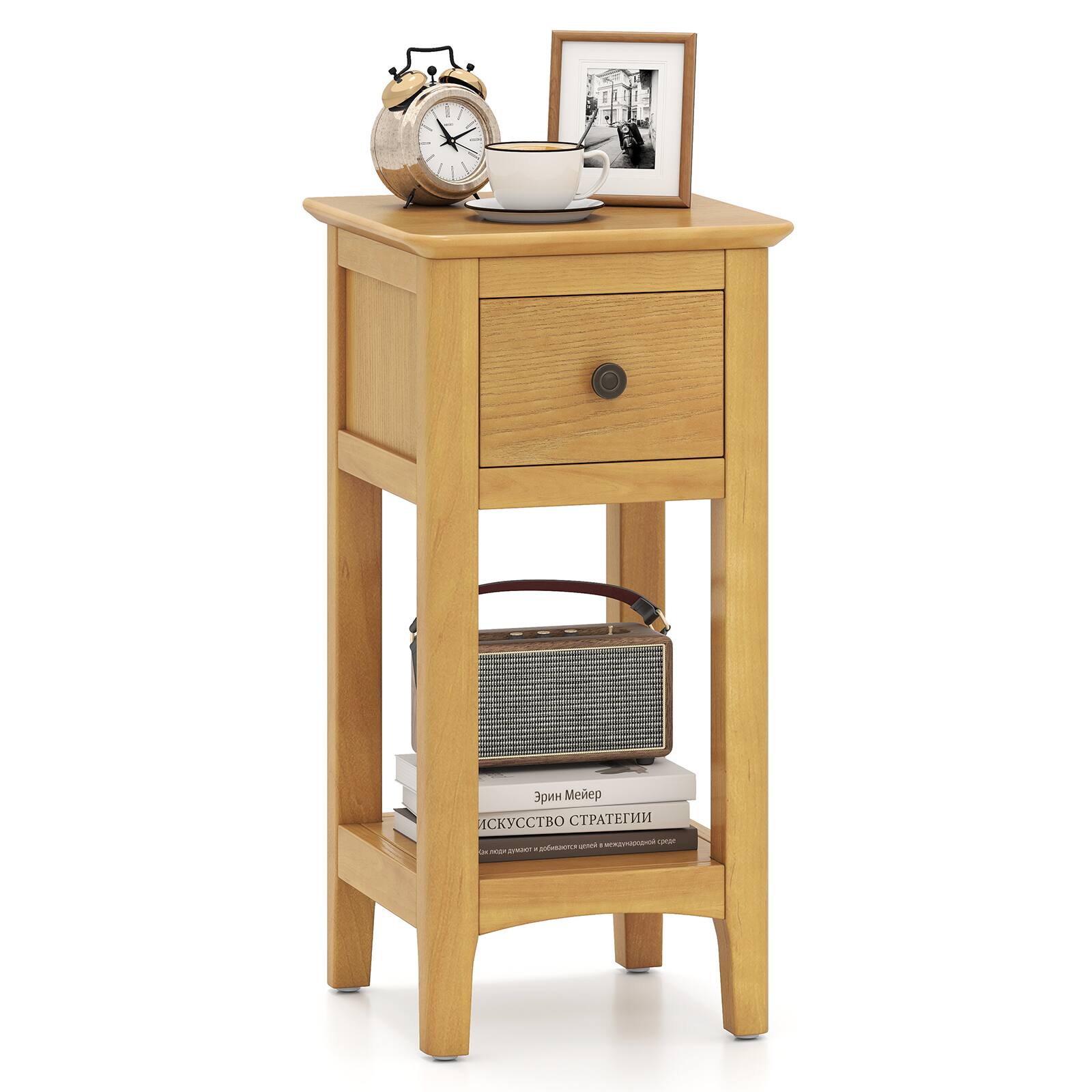 Gymax - Nightstand 3-Tier Bedside Table w/ Open Storage Shelf & Narrow Side Table - Natural
