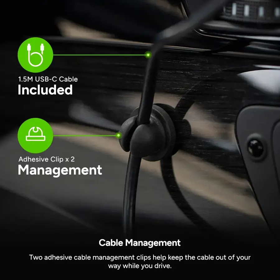 The text on the image is grouped as follows:

1.5M USB-C Cable Included
Adhesive Clip x 2
Management
Cable Management
Two adhesive cable management clips help keep the cable out of your way while you drive.