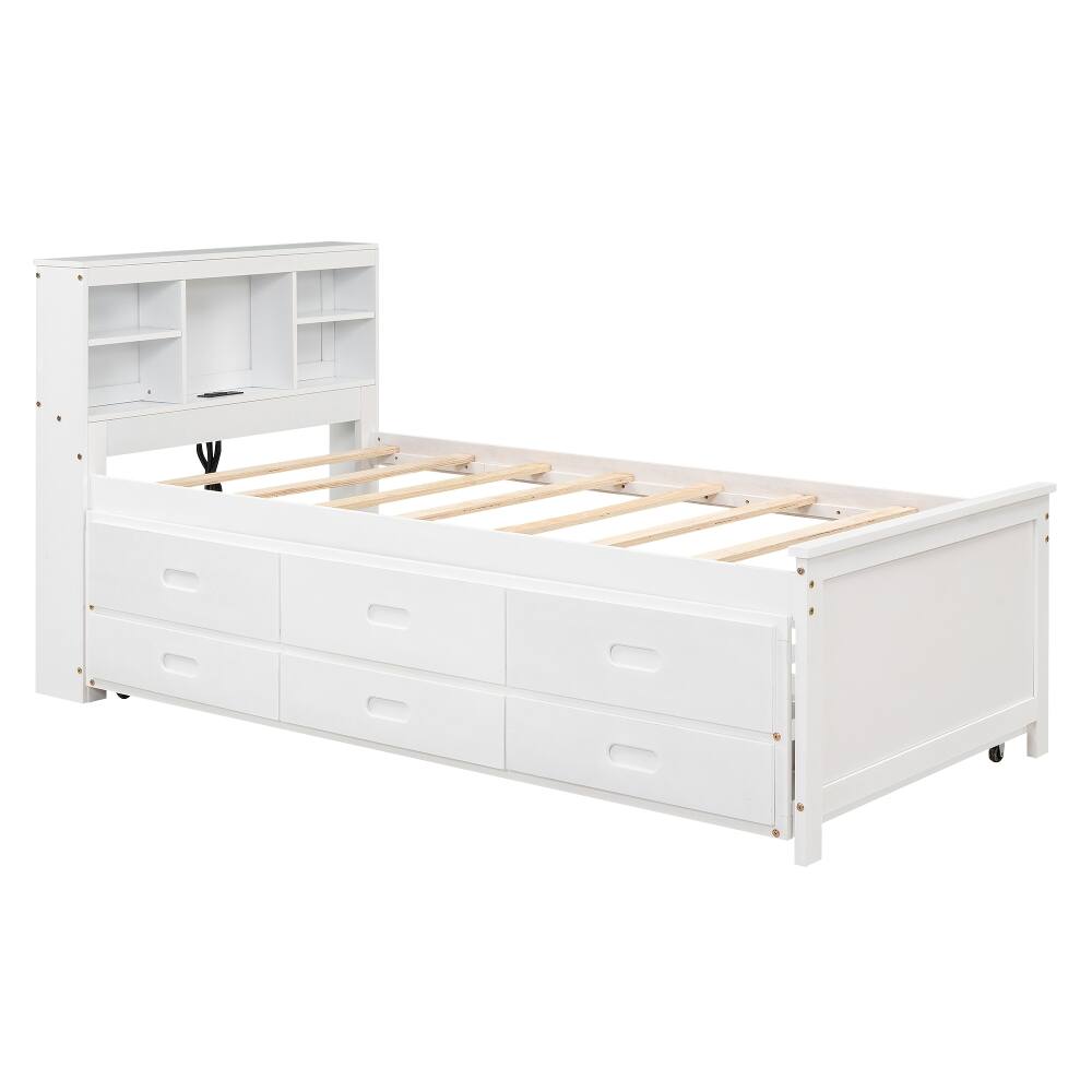 Alt View 8. Loheer - Loheer Twin Platform Bed with Storage Headboard Trundle White - White.