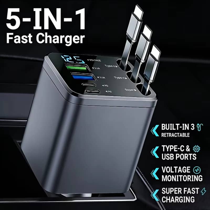 Luckbyte - 100W 3-in-1 Retractable Car Charger - Fast Charging Hub with Type-C, Lightning & Micro Cables + LED Voltage Display