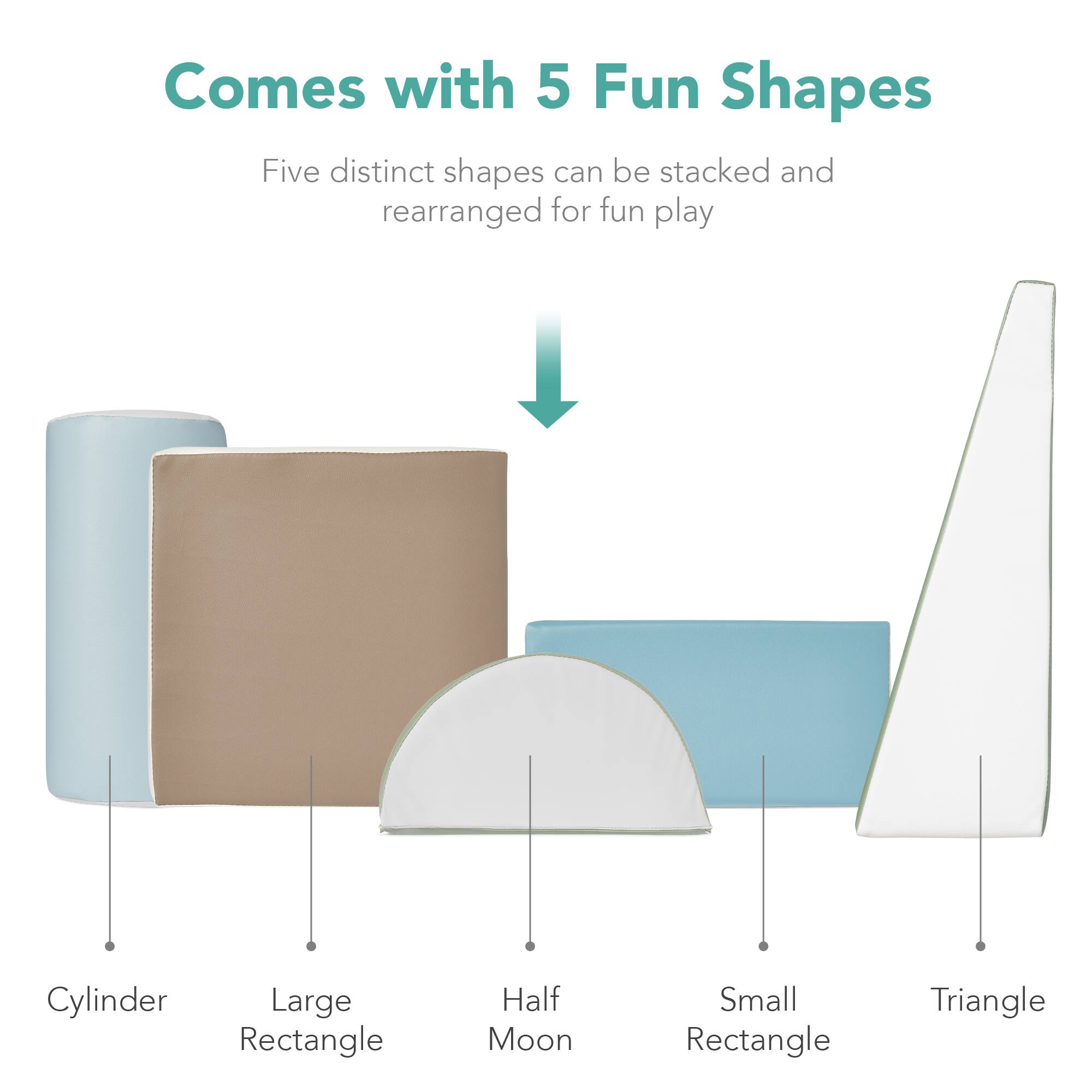 The text in the image can be grouped and corrected as follows:

**Comes with 5 Fun Shapes**

Five distinct shapes can be stacked and rearranged for fun play.

- Cylinder
- Large Rectangle
- Half Moon
- Small Rectangle
- Triangle