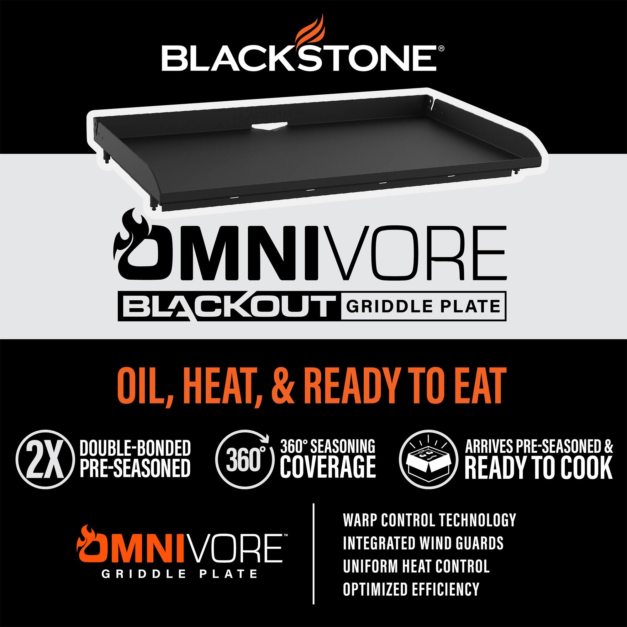 BLACKSTONE  
OMNIVORE BLACKOUT GRIDDLE PLATE  
OIL, HEAT, & READY TO EAT  
DOUBLE-BONDED 2X PRE-SEASONED  
360° SEASONING COVERAGE  
ARRIVES PRE-SEASONED & READY TO COOK  
WARP CONTROL TECHNOLOGY  
INTEGRATED WIND GUARDS  
UNIFORM HEAT CONTROL  
OPTIMIZED EFFICIENCY