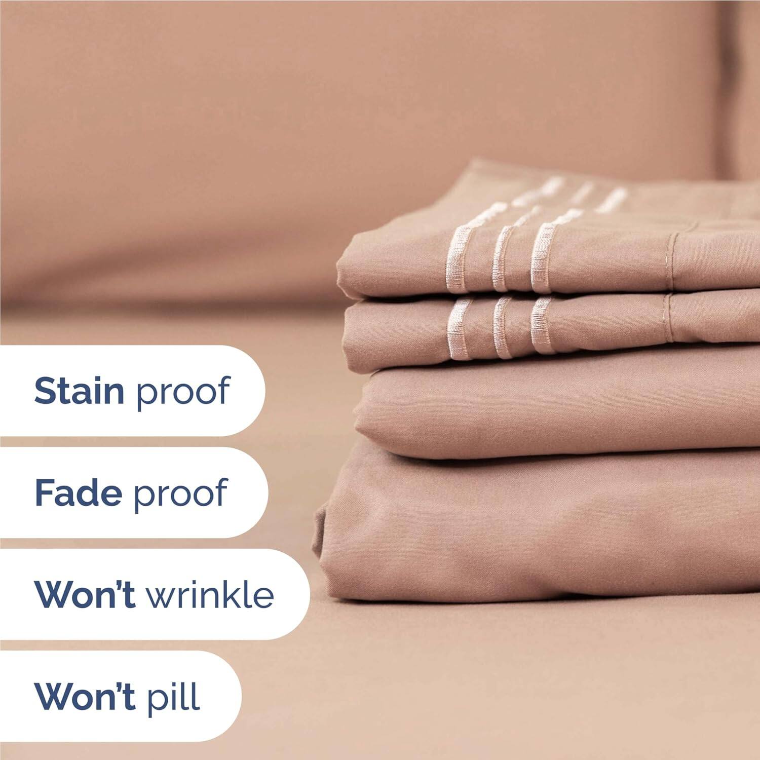 Stain proof  
Fade proof  
Won't wrinkle  
Won't pill