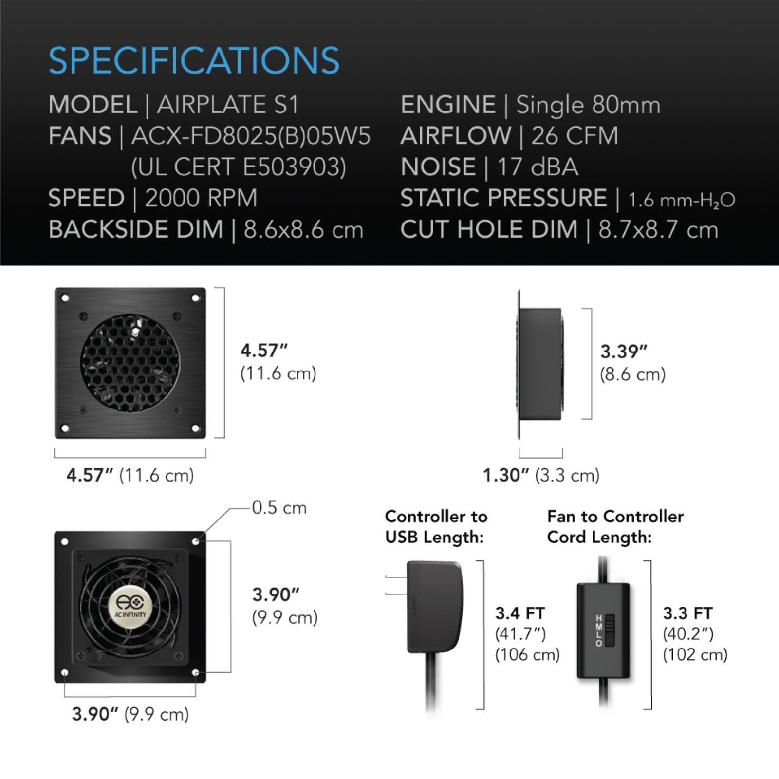 SPECIFICATIONS  
MODEL | AIRPLATE S1  
FANS | ACX-FD8025(B)05W5 (UL CERT E503903)  
SPEED | 2000 RPM  
BACKSIDE DIM | 8.6x8.6 cm  
ENGINE | Single 80mm  
AIRFLOW | 26 CFM  
NOISE | 17 dBA  
STATIC PRESSURE | 1.6 mm-H2O  
CUT HOLE DIM | 8.7x8.7 cm  

4.57" (11.6 cm)  
3.39" (8.6 cm)  
4.57" (11.6 cm)  
0.5 cm  
1.30" (3.3 cm)  

Controller to Fan to Controller USB Length:  
Cord Length:  
AC INFINITY  
3.90" (9.9 cm)  
3.4 FT (41.7") (106 cm)  
HMLO  
3.3 FT (40.2") (102 cm)  
3.90" (9.9 cm)