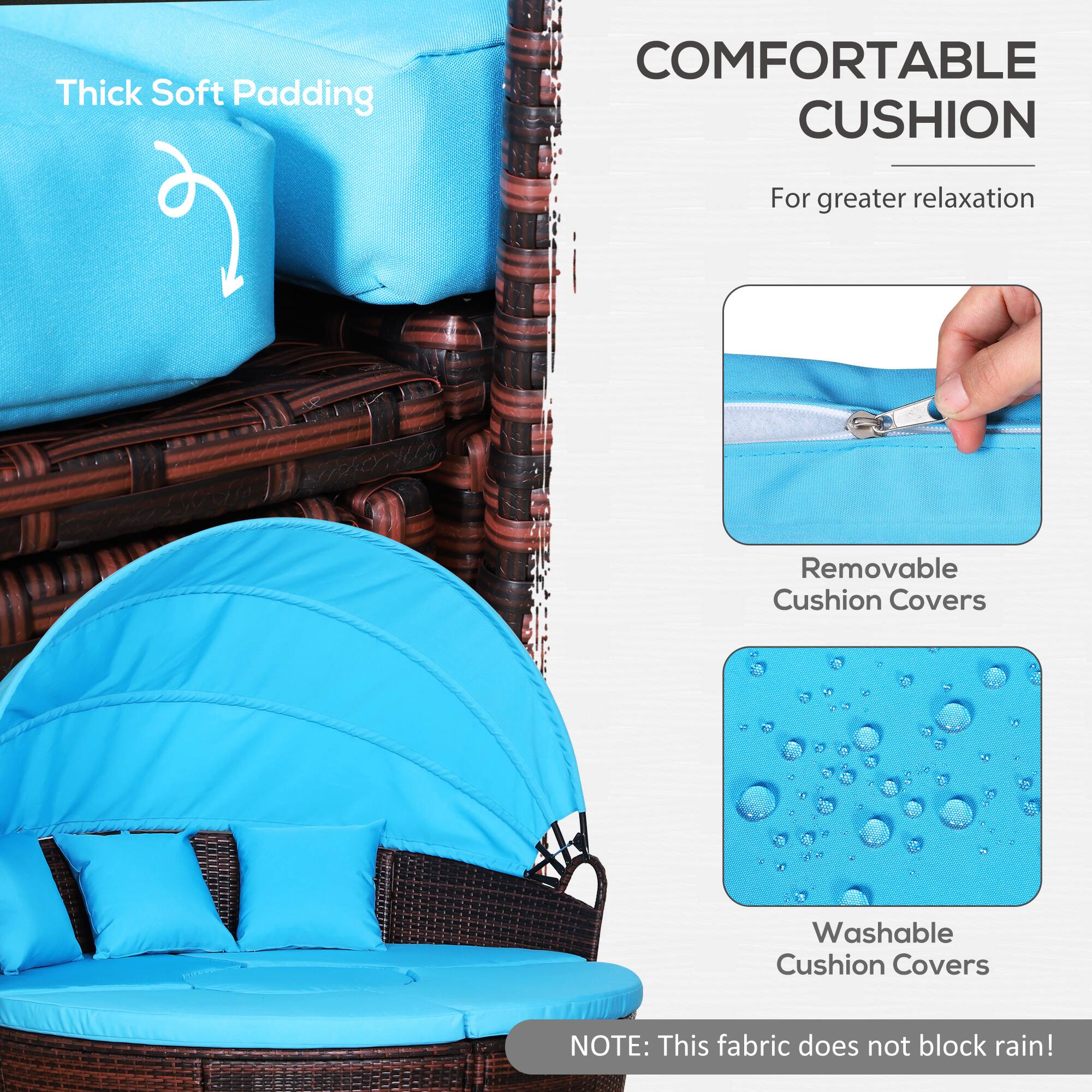 Thick Soft Padding, COMFORTABLE CUSHION, For greater relaxation, Removable Cushion Covers, Washable Cushion Covers, NOTE: This fabric does not block rain!