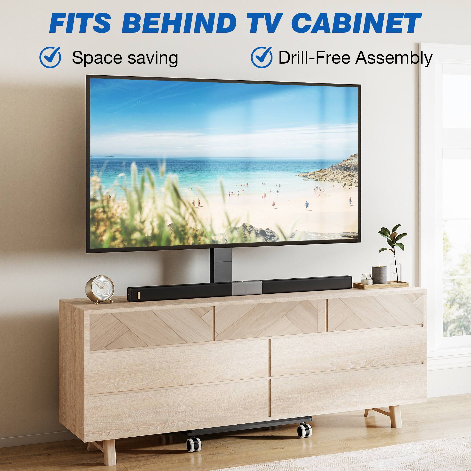FITS BEHIND TV CABINET  
Space saving  
Drill-Free Assembly