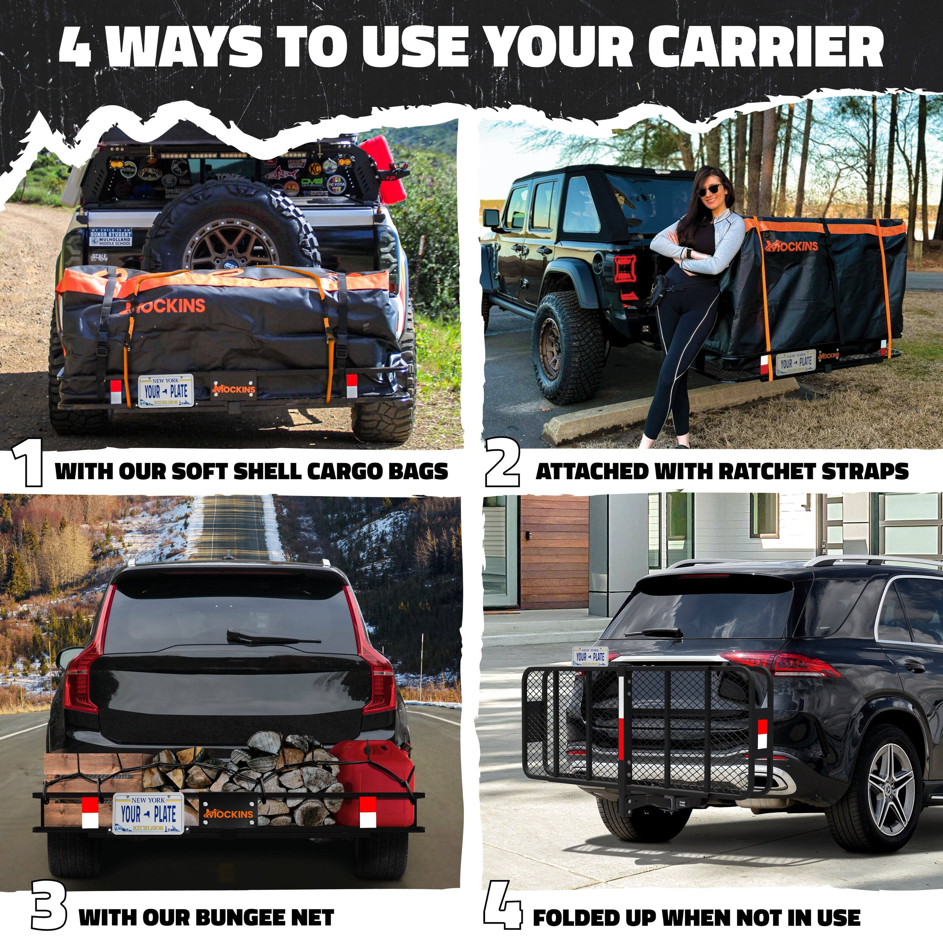 4 Ways to Use Your Carrier

1. With Our Soft Shell Cargo Bags
2. Attached with Ratchet Straps
3. With Our Bungee Net
4. Folded Up When Not in Use