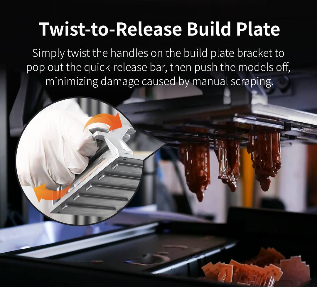 Twist-to-Release Build Plate

Simply twist the handles on the build plate bracket to pop out the quick-release bar, then push the models off, minimizing damage caused by manual scraping.
