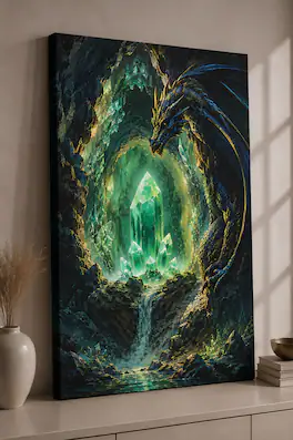 FC Design - Large Emerald Crystal Dragon Wall Art Canvas Print 24x36" Mystic Cave Fantasy Painting for Home Decor - MultiColor