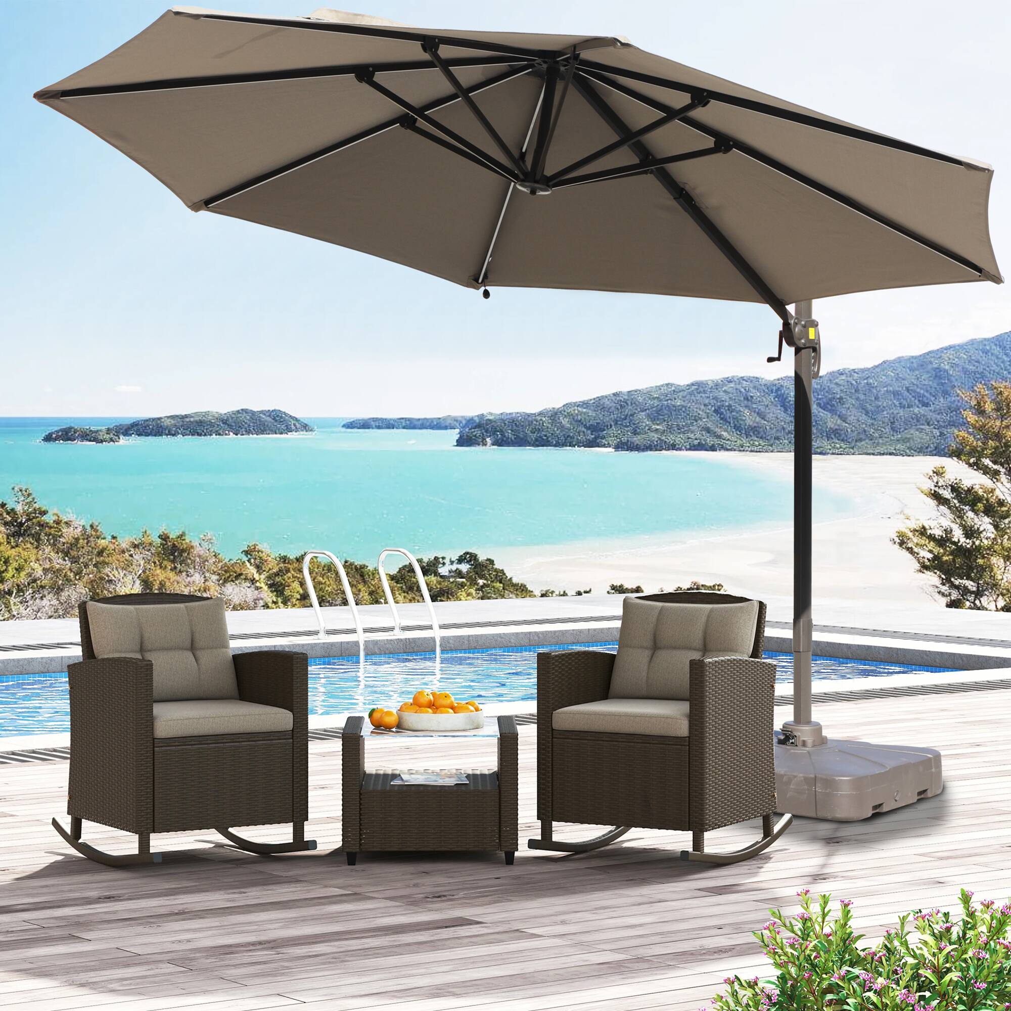 Angle. Mondawe - 33" Heavy-Duty Offset Umbrella Base – Holds 308 lbs, Water/Sand-Filled Stand - Coffee.