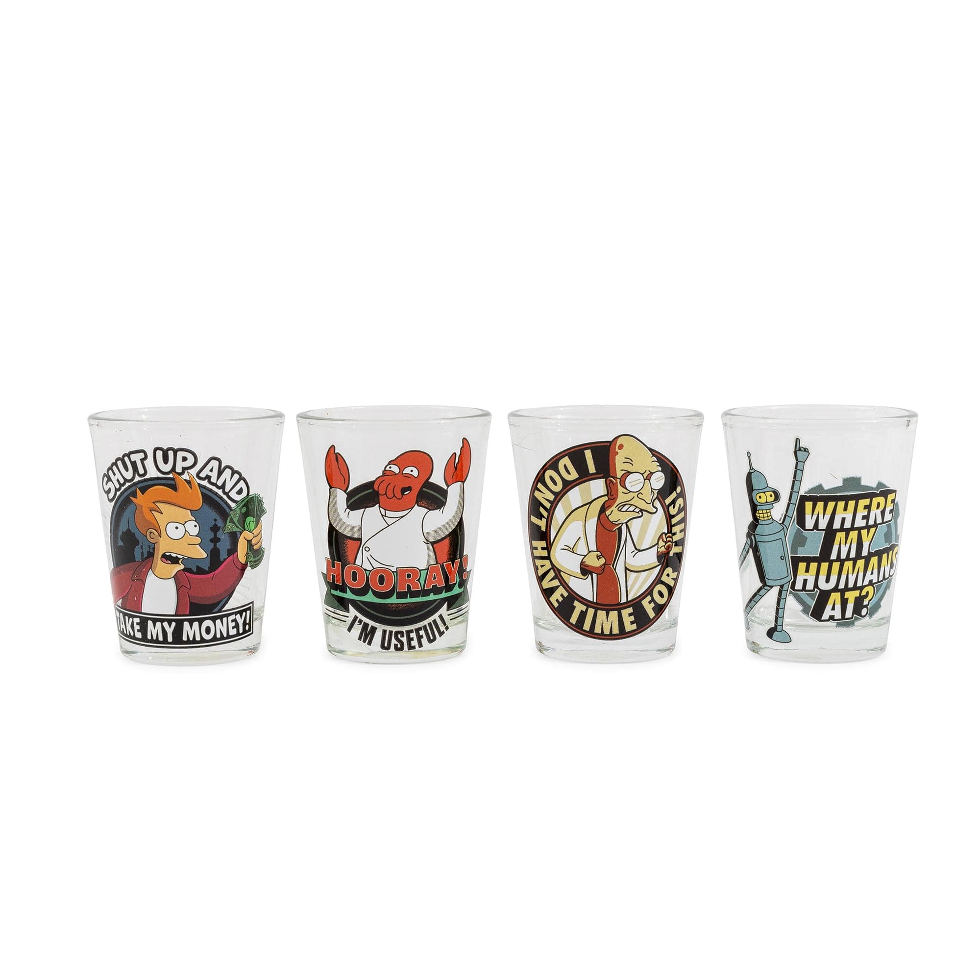 Silver Buffalo - Futurama Character Quotes 4-Piece Shot Glass Set | Each Holds 2 Ounces - Clear