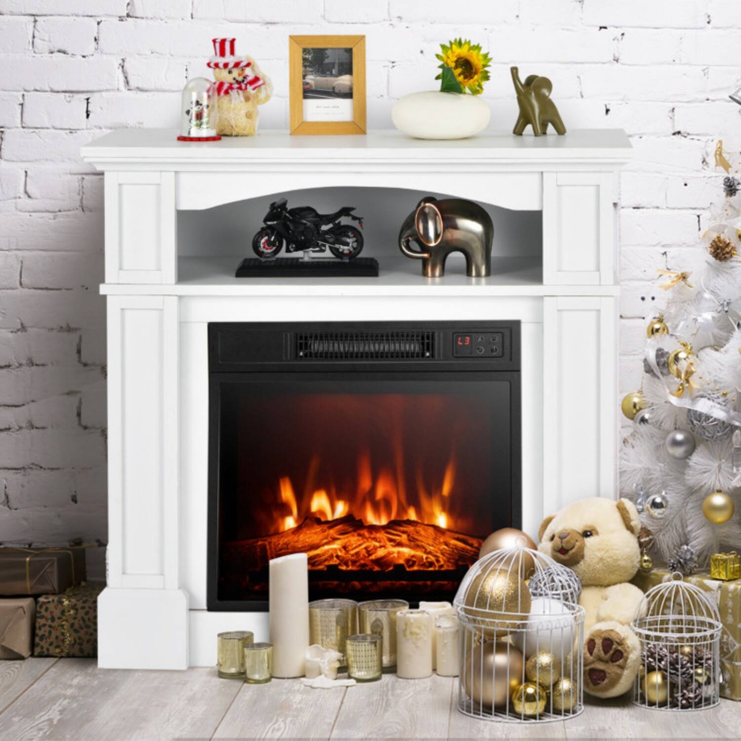 Alt View 5. LUCKY ONE - 18 Inch Freestanding Electric Fireplace TV Stand with Shelf 2-in-1 - White.