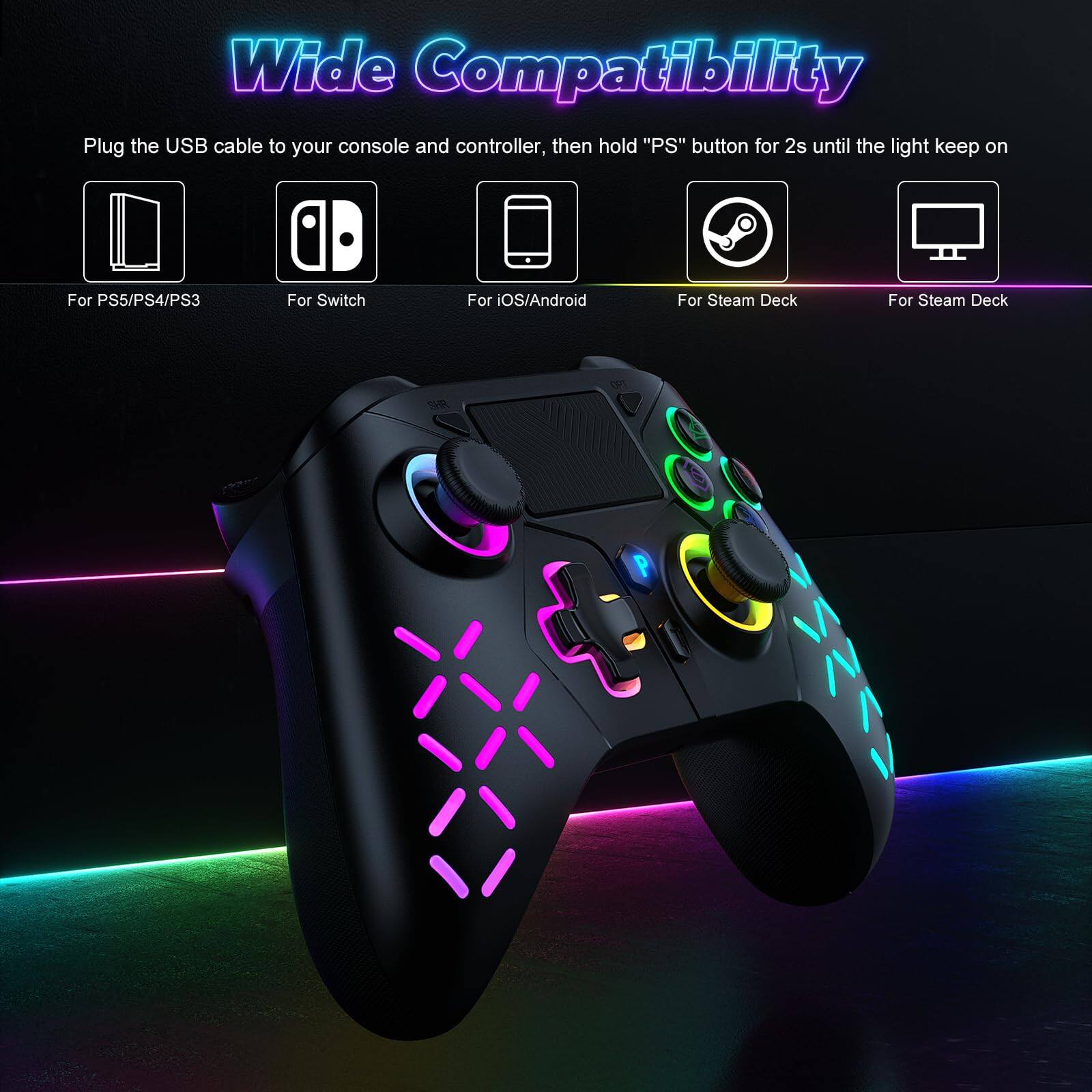 Wide Compatibility

Plug the USB cable to your console and controller, then hold "PS" button for 2s until the light keep on

For PS5/PS4/PS3  
For Switch  
For iOS/Android  
For Steam Deck  
For Steam Deck