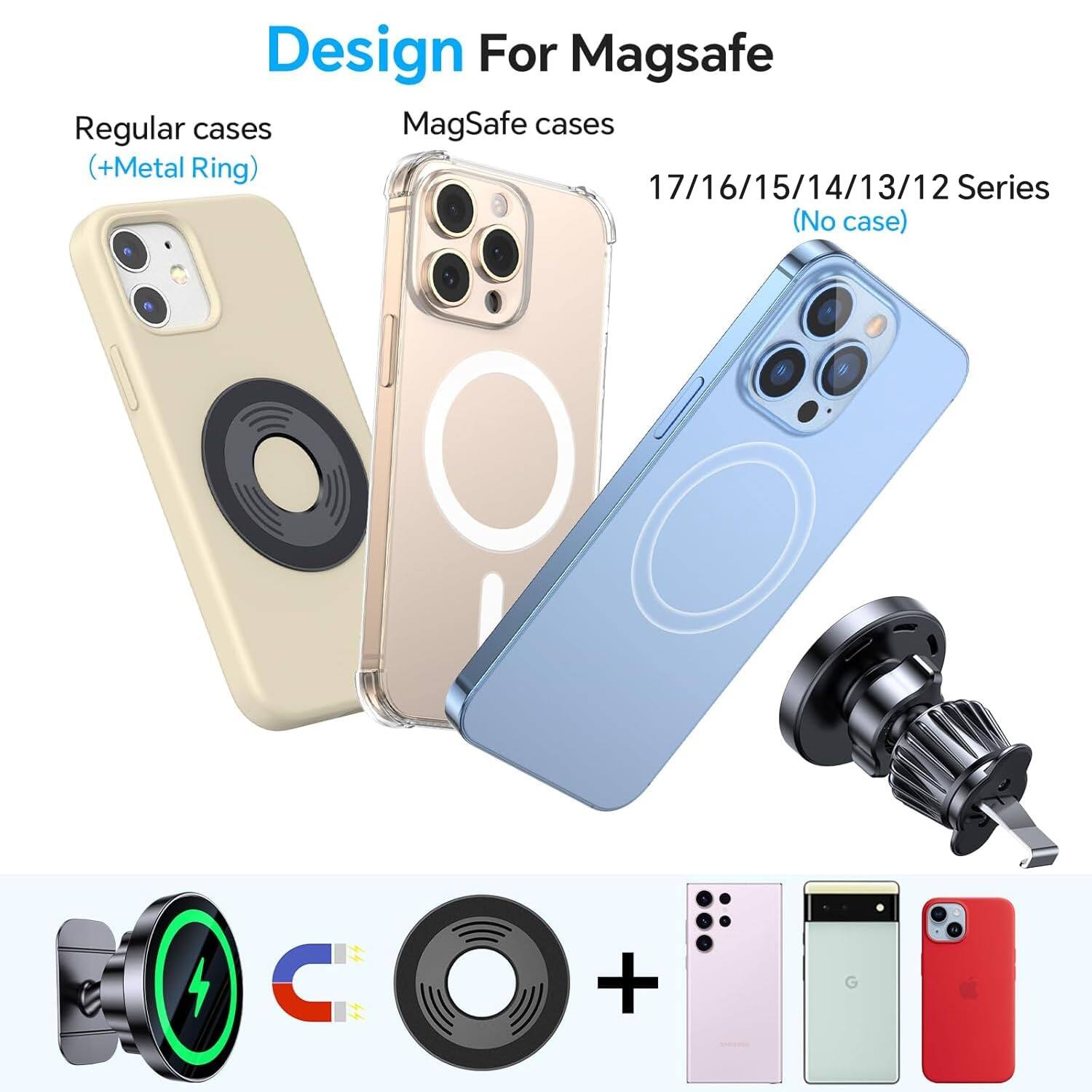 Design For MagSafe

Regular cases  
(+Metal Ring)

MagSafe cases

17/16/15/14/13/12 Series  
(No case)