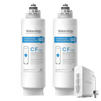 Waterdrop Reverse Osmosis Water Filtration System
PRE-SEDIMENT AND CARBON BLOCK FILTER G3
CF Filter
RESET AFTER REPLACEMENT:
NOTICE: Please press and hold the CF filter life indicator for 7 seconds until the system beeps.
FEED WATER TEMPERATURE: 4-40°C
Do not use with water that is microbiologically unsafe or of unknown quality without adequate disinfection before or after the system.
Ongda EcoPure Filter Co., Ltd
Net: 3.25 kg (114 oz)
Address: No. 188, Wenhua Road, Yuhang District, Hangzhou, China
Waterdrop Reverse Osmosis Water Filtration System
PRE-SEDIMENT AND CARBON BLOCK FILTER G3
CF Filter
RESET AFTER REPLACEMENT:
NOTICE: Please press and hold the CF filter life indicator for 7 seconds until the system beeps.
FEED WATER TEMPERATURE: 4-40°C
Do not use with water that is microbiologically unsafe or of unknown quality without adequate disinfection before or after the system.
Ongda EcoPure Filter Co., Ltd
Net: 3.25 kg (114 oz)
Address: No. 188, Wenhua Road, Yuhang District, Hangzhou, China