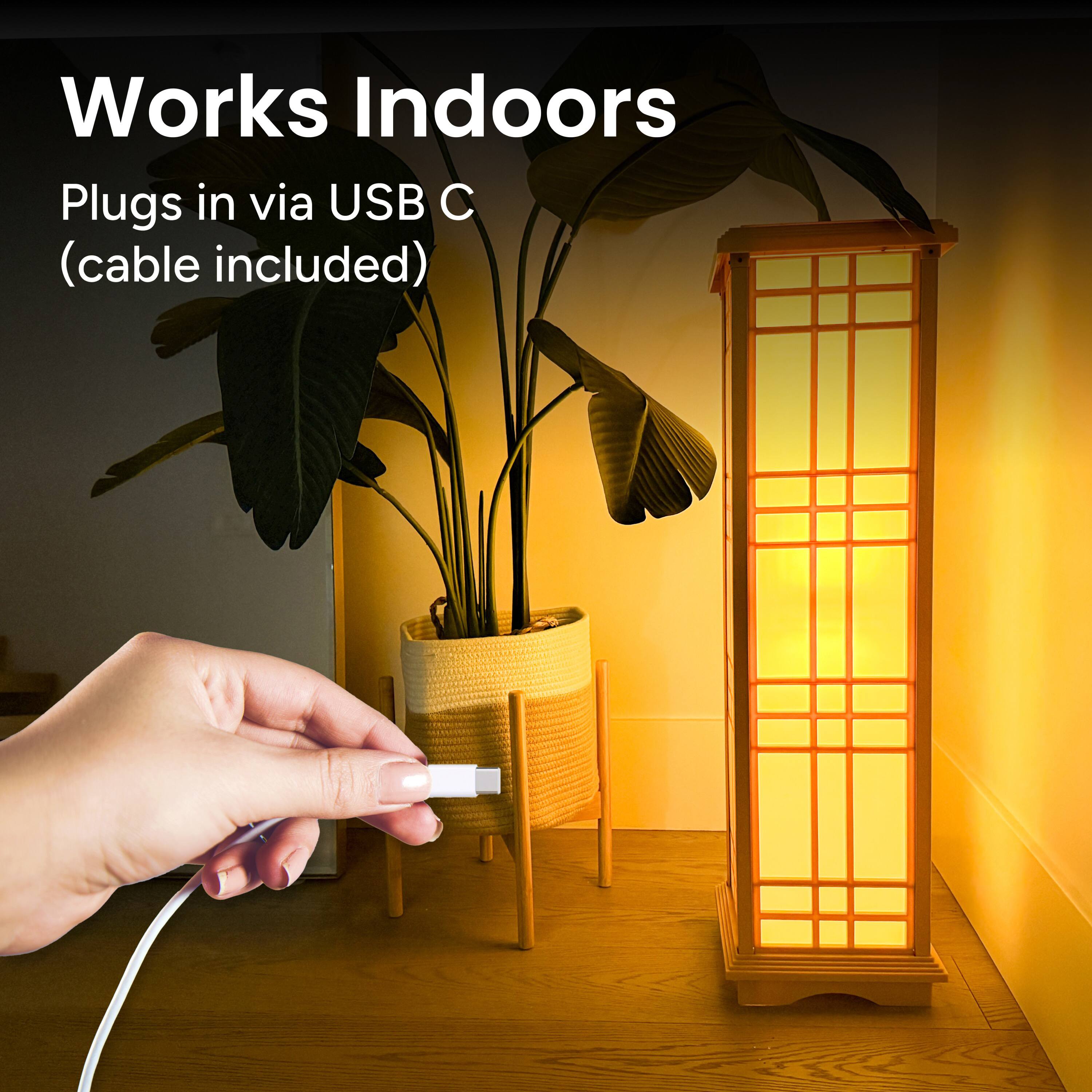 Works Indoors
Plugs in via USB C
(cable included)