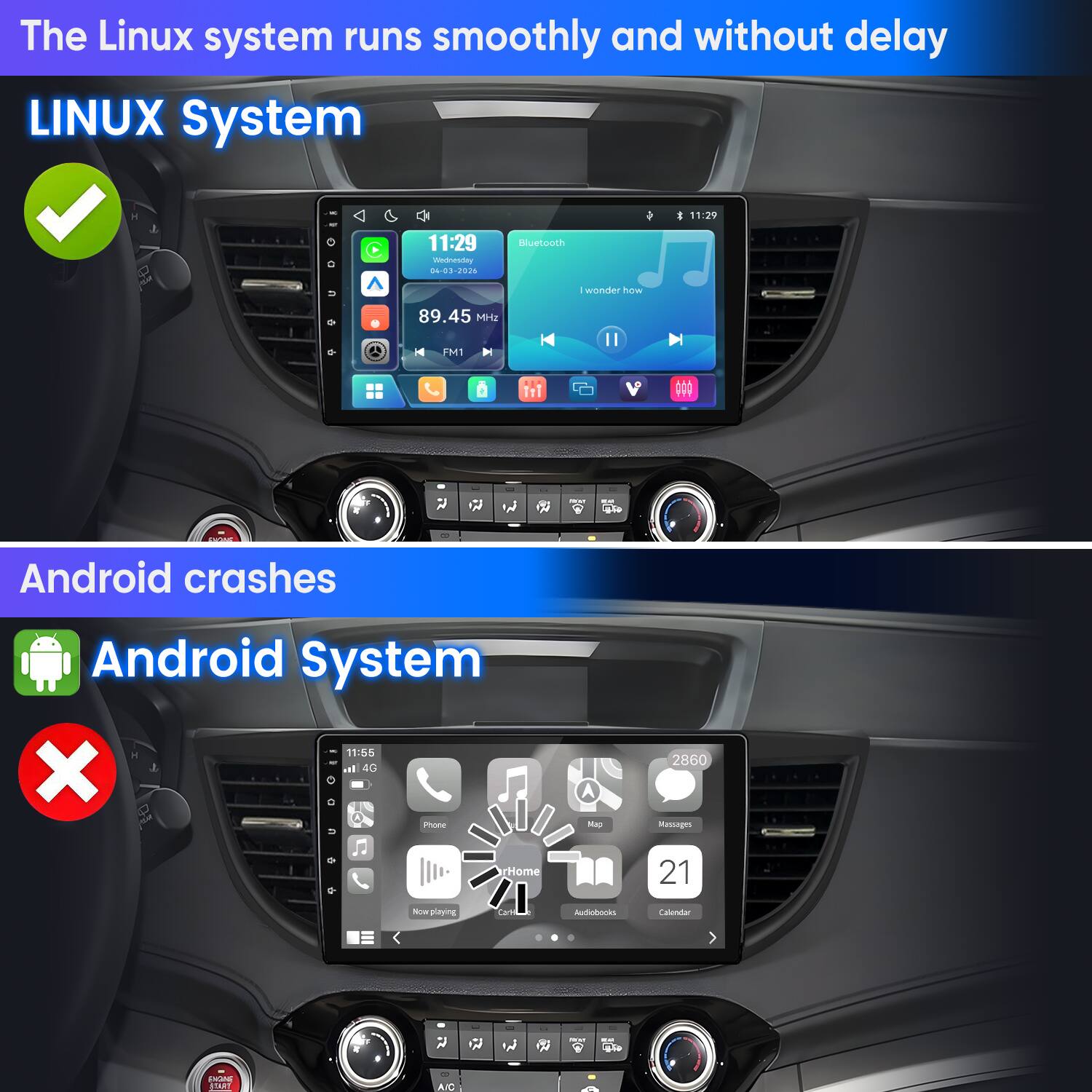 The Linux system runs smoothly and without delay  
LINUX System

Android crashes  
Android System