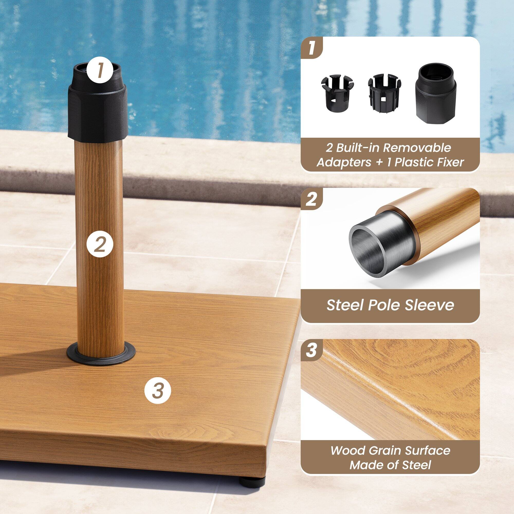 1. 2 Built-in Removable Adapters + 1 Plastic Fixer  
2. Steel Pole Sleeve  
3. Wood Grain Surface Made of Steel