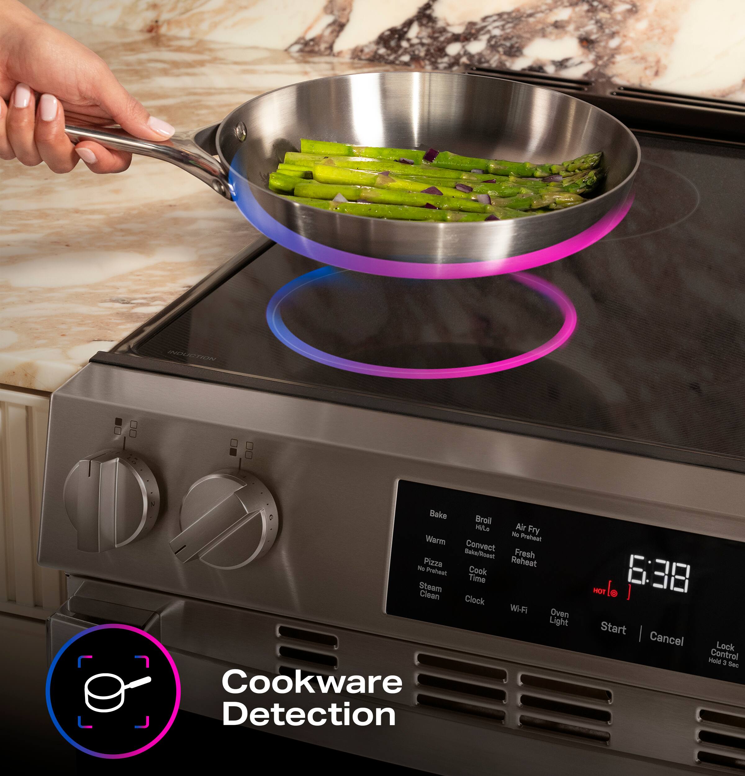The image shows a person cooking food in a pan on a stove. The stove has a clock displaying the time, which is 6:38. The person is using a pan with a spatula to cook the food, and there is a bowl nearby. The stove also has a timer that helps monitor the cooking process. The scene suggests that the person is preparing a meal, possibly using the cookware detection feature of the stove to ensure even cooking and optimal results.