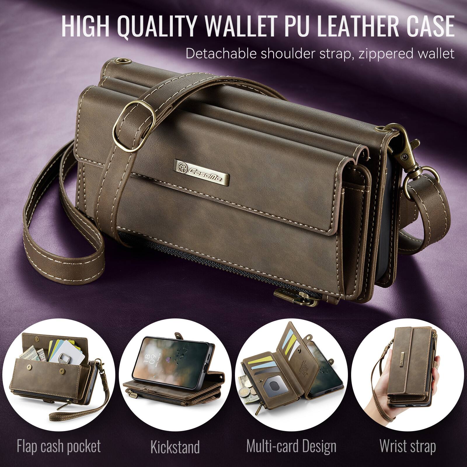 HIGH QUALITY WALLET PU LEATHER CASE  
Detachable shoulder strap, zippered wallet  

Flap cash pocket  
Kickstand  
Multi-card Design  
Wrist strap