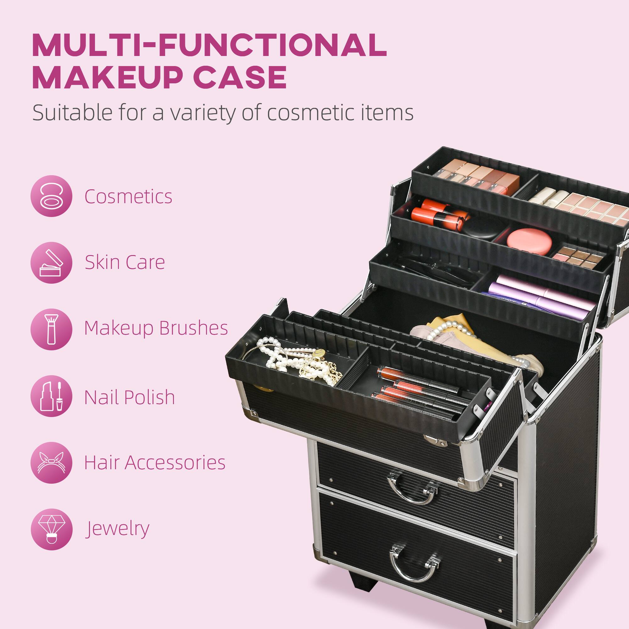 MULTI-FUNCTIONAL MAKEUP CASE  
Suitable for a variety of cosmetic items  

- Cosmetics  
- Skin Care  
- Makeup Brushes  
- Nail Polish  
- Hair Accessories  
- Jewelry