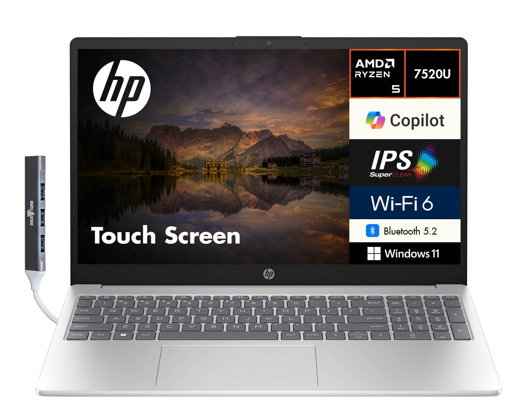 HP - 15 Laptop 15.6 FHD (AMD Ryzen 5 7520U, 8GB LPDDR5, 512GB SSD, AMD Radeon, Win 11 Home) w/USB Hub - Natural Silver