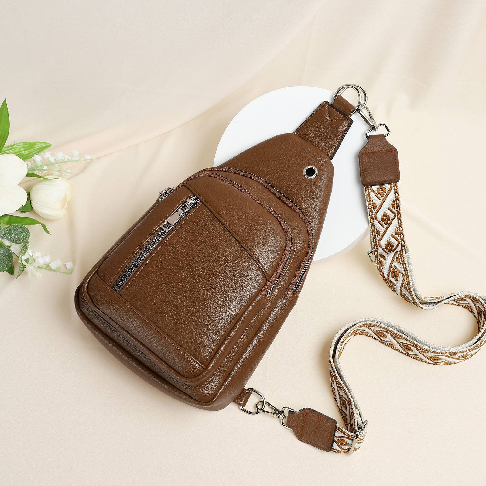 Alt View 5. Unique Bargains - Anti Theft Sling Bag 2 in 1 PU Leather 8.3" Convertible Crossbody Bags Fanny Pack Backpack with 2 Removable Straps - Brown.